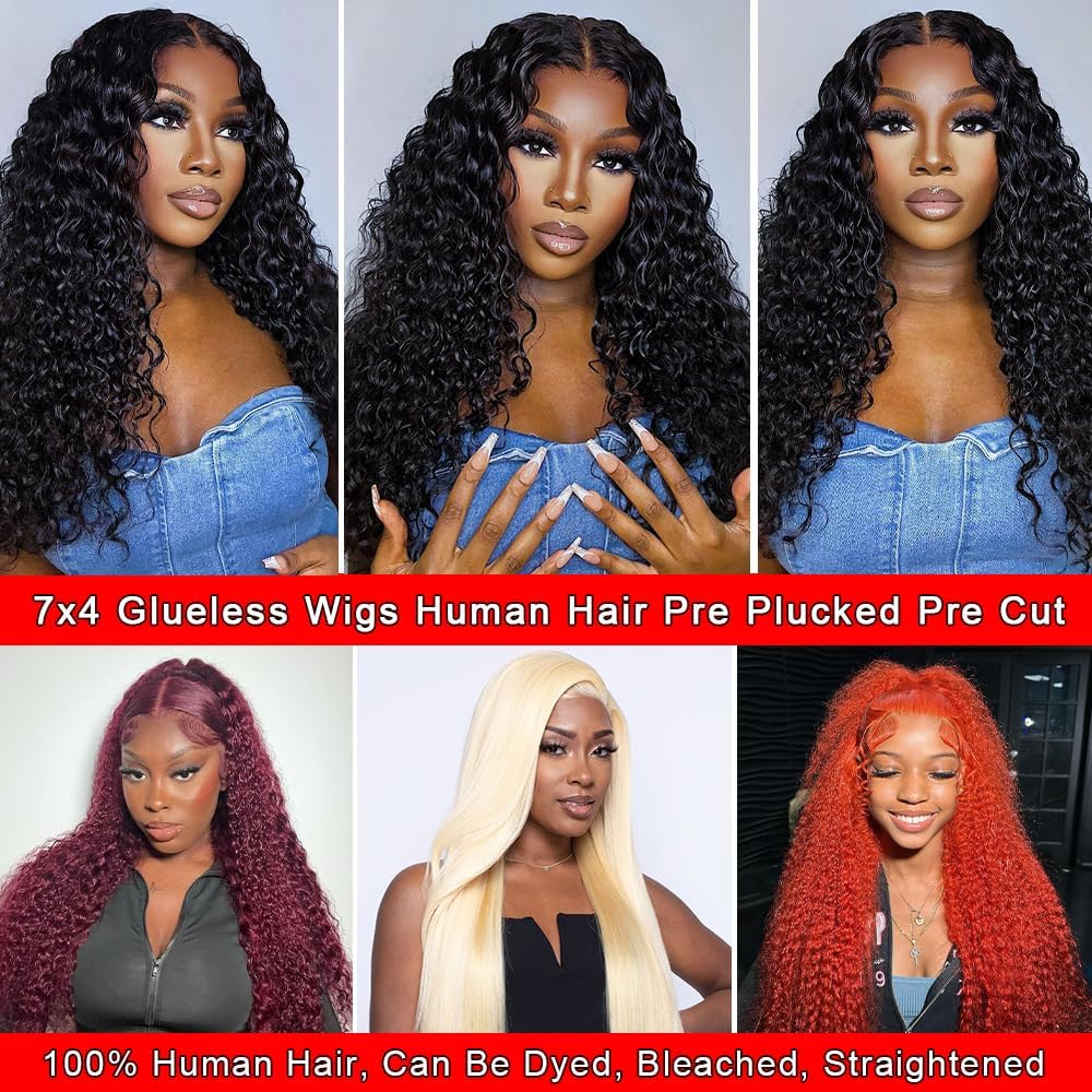 SNJON 18 Inch Glueless Wigs Human Hair Pre Plucked Pre Cut 180 Density Water Wave HD Lace Front Wigs Human Hair Glueless Wear and Go 7X4 Wet and Wavy Curly Lace Closure Wigs Human Hair for Women