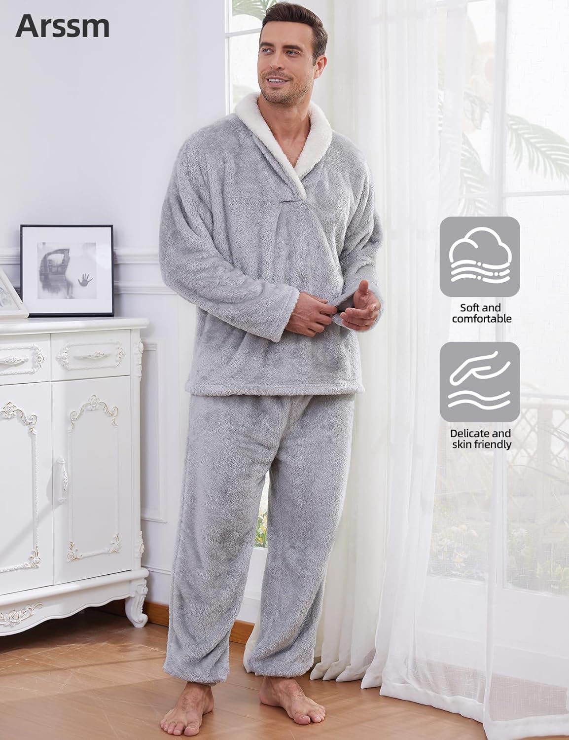Arssm Mens Fluffy Pajamas Set 2 Piece Fleece Pjs Loose Plush Winter Warm Cozy Loungewear Sleepwear - Image 2