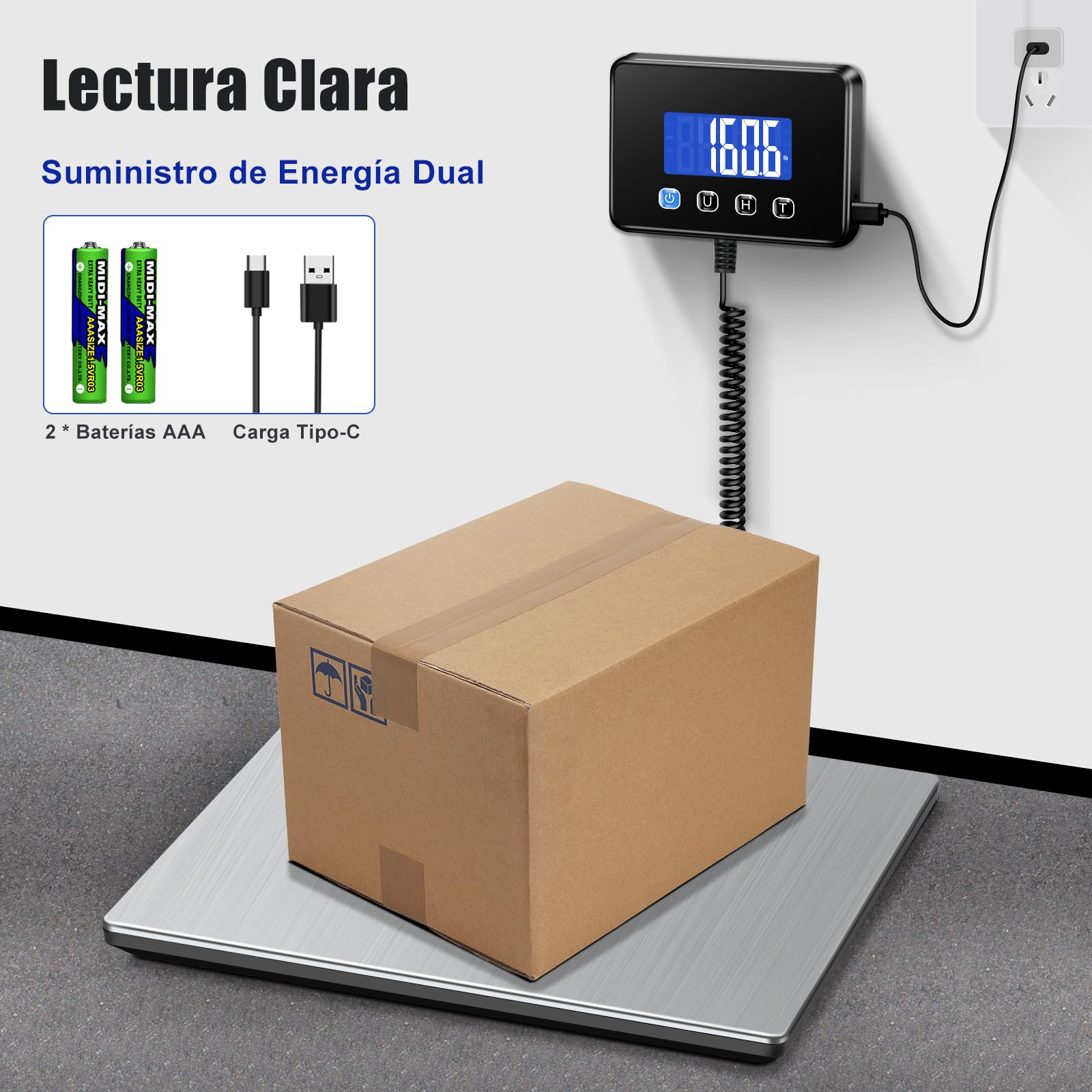 Bascula Industrial, Bascula Maletas Viaje de 300kg/20g con Función de Retención/Tara, Báscula con Pantalla LCD para Paquetes, Equipaje y Almacén, Incluye 2 Baterías AAA y Cable de Carga