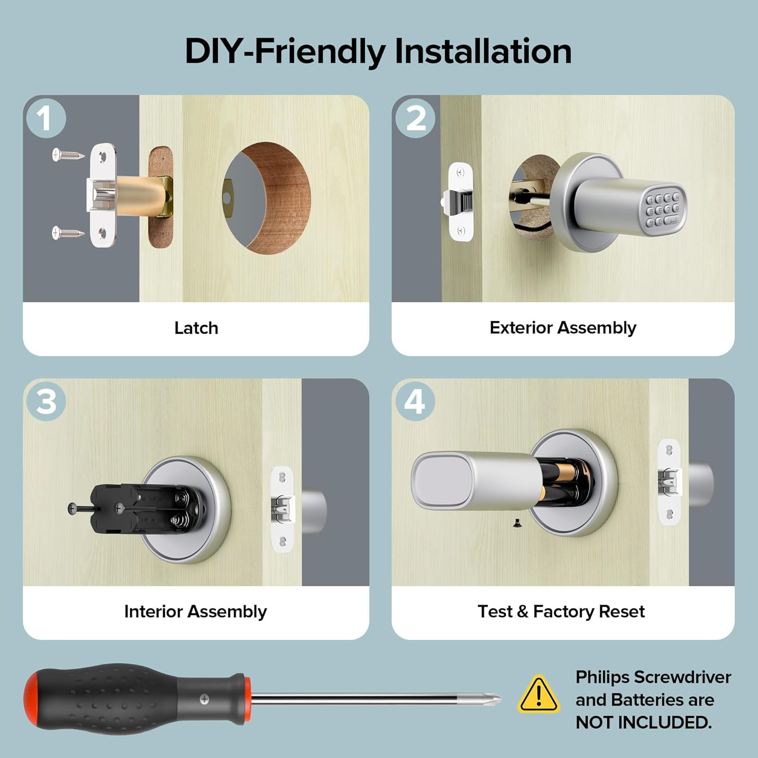 Door Lock Knob with Keypad Keyless Entry Door Knob Electric Coded Indoor Door Knob for Interior Doors Thickness up to 2-1/4", Bedroom, Home Office, Garage, 4xAA Alkaline Battery, M1 Silver thumbnail