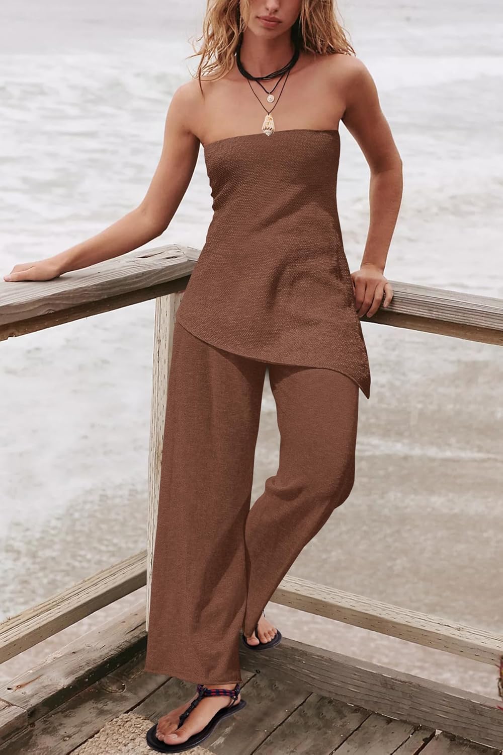 SENSERISE Womens 2 Piece Outfits Summer Knit Sweater Set Matching Lounge Set Off the Shoulder Tops and Pants - Image 3