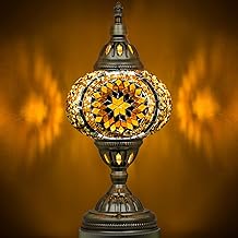 Marrakech Moroccan Mosaic Lamp Turkish Table Lamp, Handmade Turkish Light with Glass Shard and Bronze Base Including LED Bulb for Living Room Bedroom Decor (Yellow)