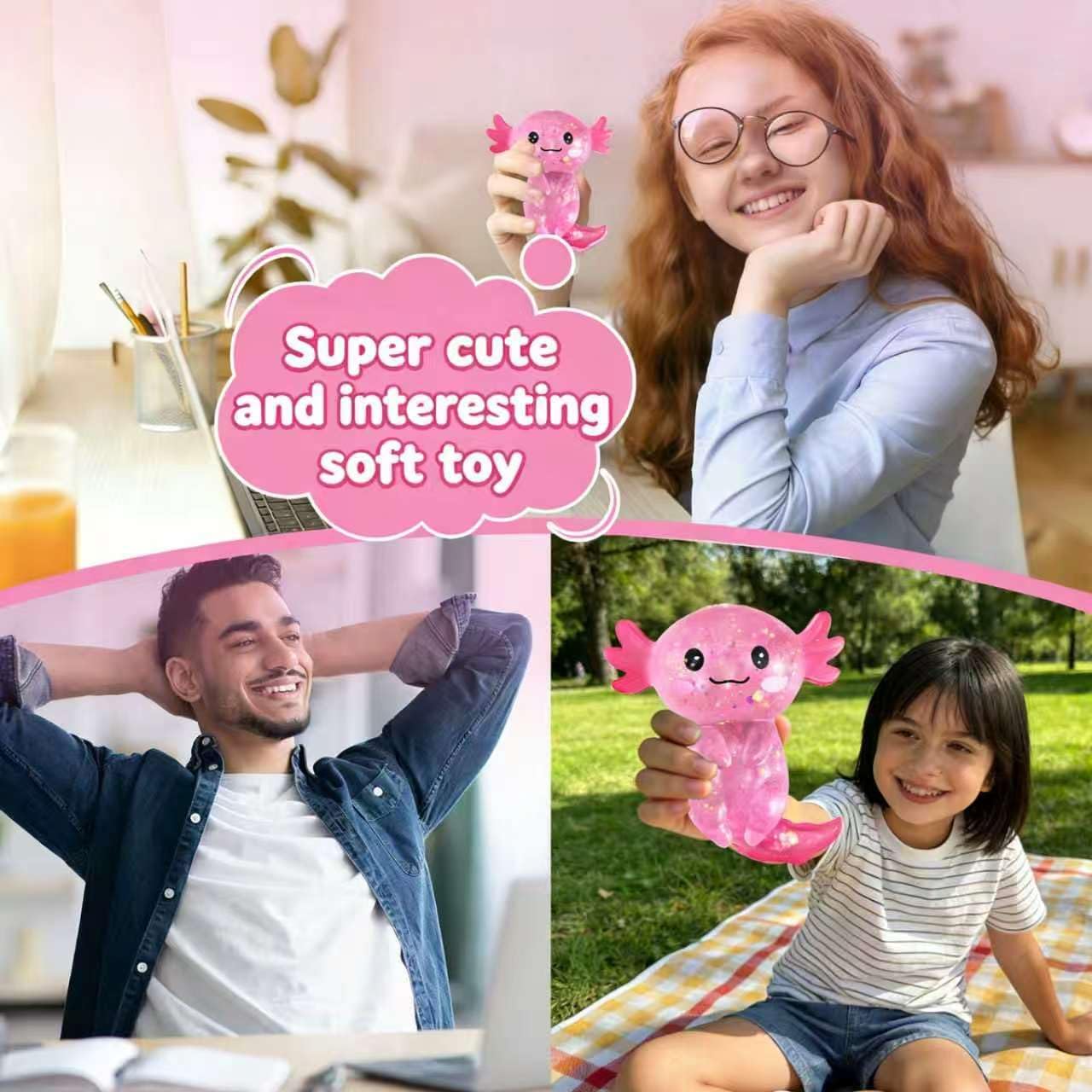 Glitter Axolotls Squishies Toy, Stretchy Axolotls Stress Ball, Soft Squeeze Sensory Fidget Toys for Kids Adults, Cute Easter Basket Stuffers Party Favors Classroom Prizes （Pink）