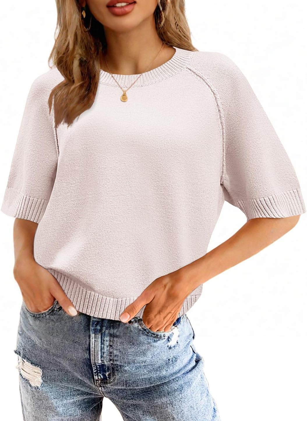 ZDC Women’s Short Sleeve Sweaters 2025 Fall Lightweight Loose Fit Knit Pullover Tops