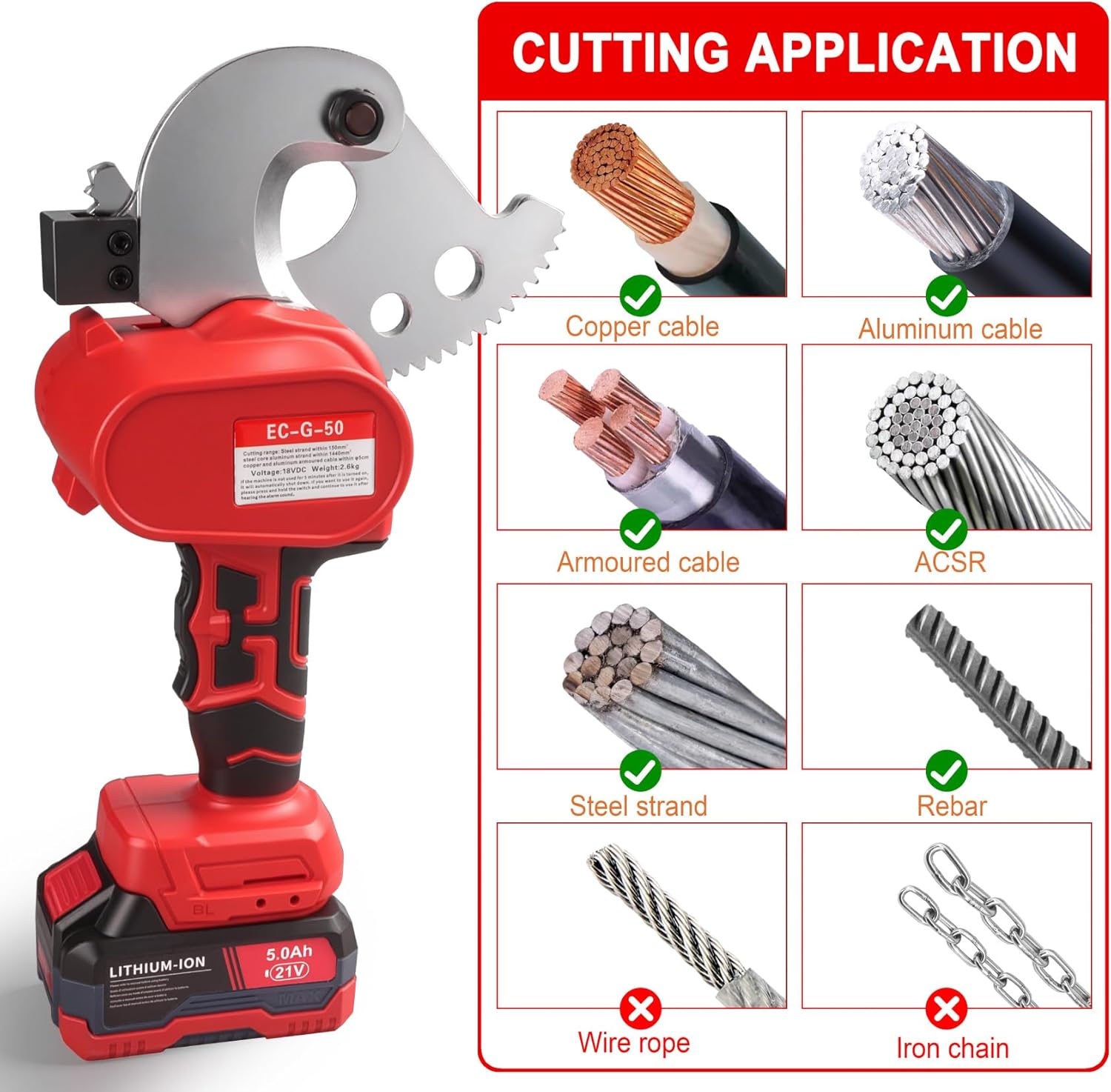 21V Ratcheting Cable Cutters Cordless Heavy Duty (1000 MCM Copper/Aluminum, 1590MCM ACSR, Armored Cables, Rebar) Battery Electric Portable Copper Wire Cutting with LED Screen, Alloy Steel Blades
