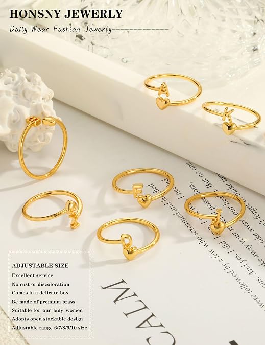 Honsny ゴールドイニシャルリング 女性用 無変色 18K 金メッキ ハート イニシャル 重ね付け可能 リング 調節可能 ピンキーリング 女性用 かわいい 上品なアルファベット 大文字 リング ジュエリー ギフト, 調整可能, 金属, キュービックジルコニア