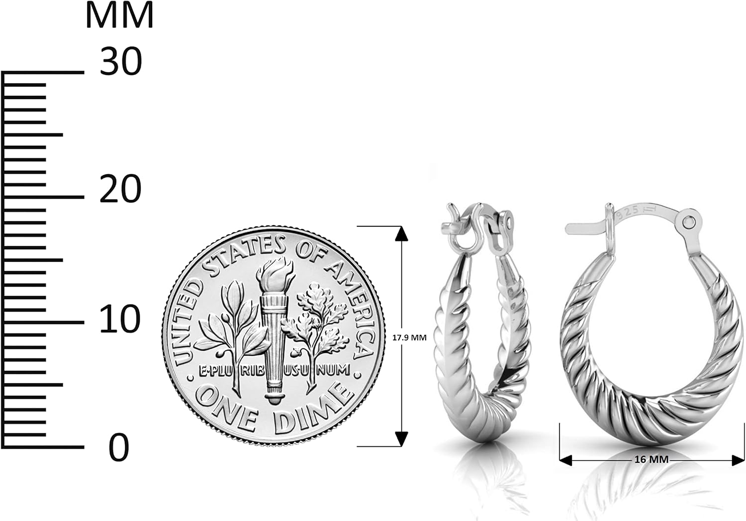 925 Sterling Silver Italian Design Shrimp Hoop Earring for Women - Textured Shrimp Earrings - 16-MM Diameter Hoop Earring for Everyday Wear - Light Weight Hoop Earrings for Women