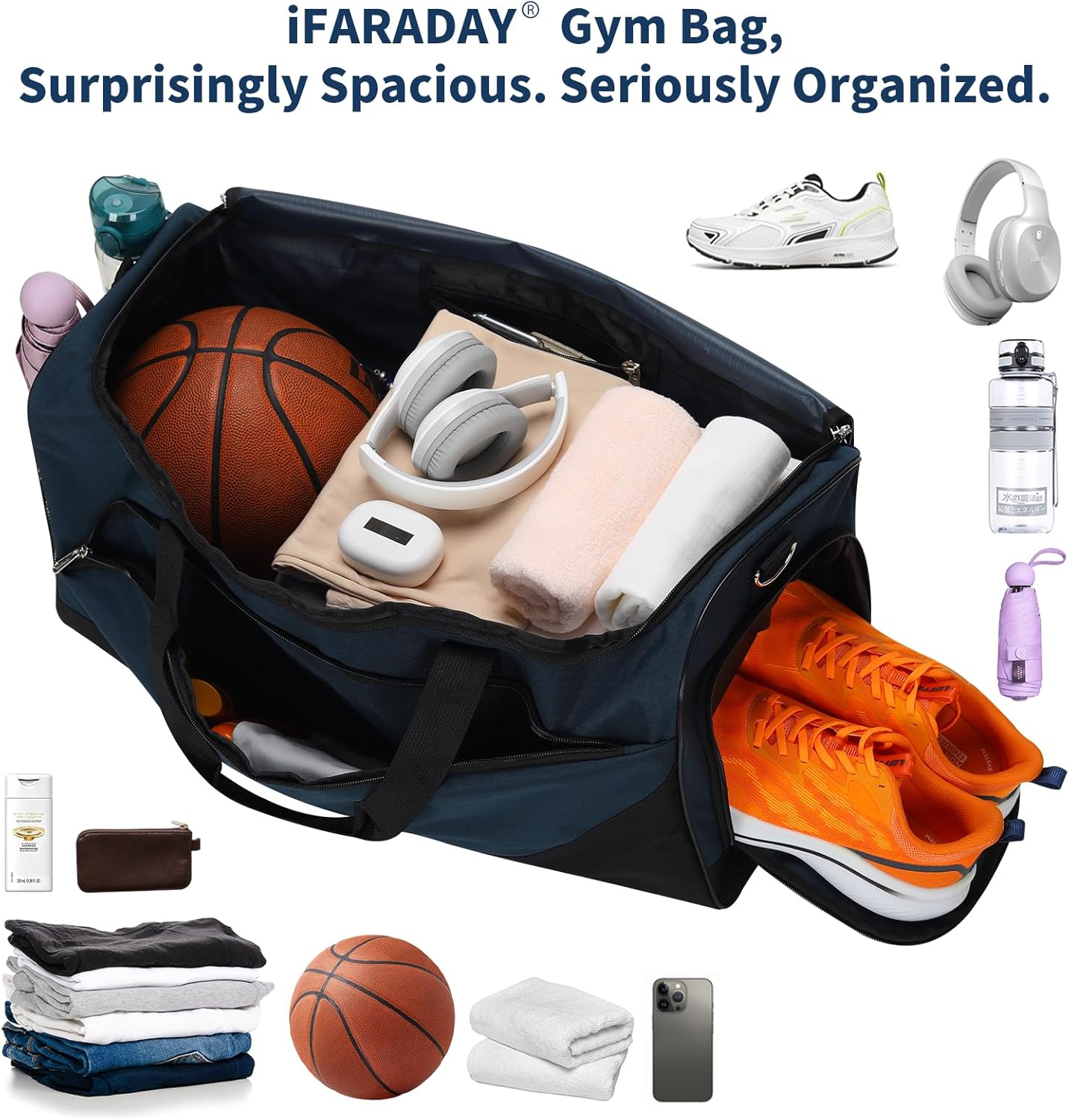 iFARADAY 52L Men's Gym Bag with Shoe Compartment - 24-inch Duffle Bag for Travel, Sports, Fitness & Workout (Navy Blue)
