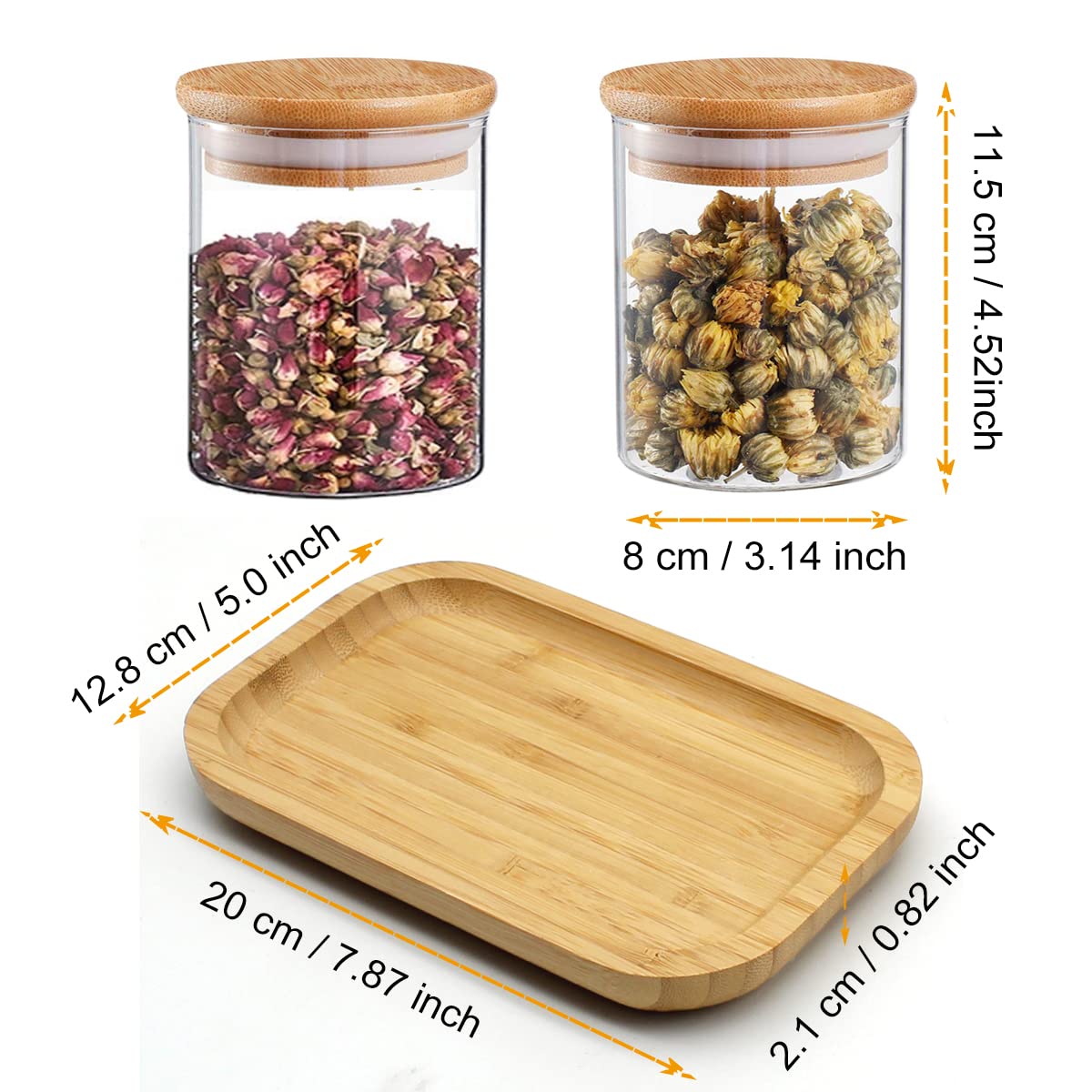 Lot De 4 Distributeurs Qtip Bambou En Verre 280ml - Pots Apothicaire Cotons-Tiges Avec Plateau Organisateur