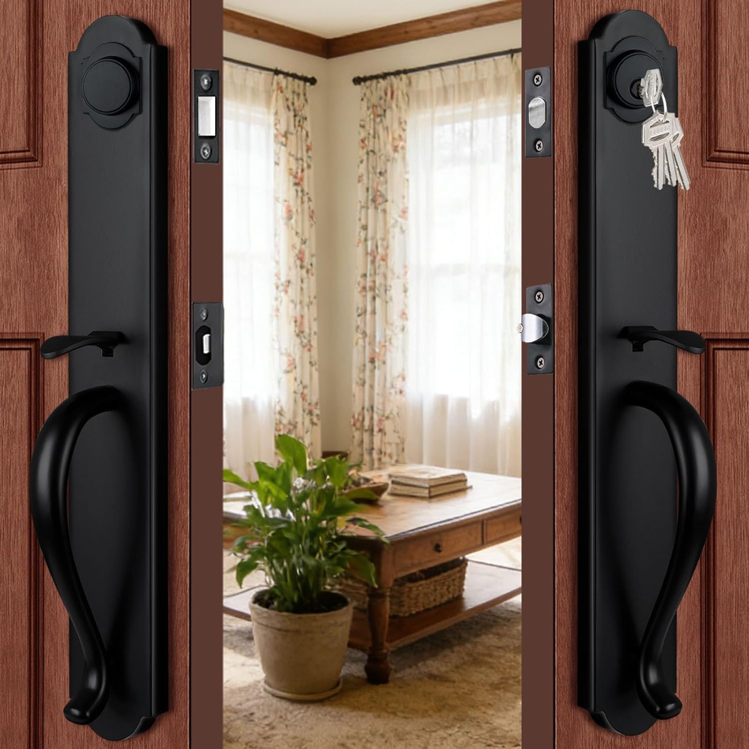 Double Front Door Handle Set with Camelot Trim in Matte Black, Entrance Front Door Lock Set with Deadbolt and Knob, X-2018DBSET