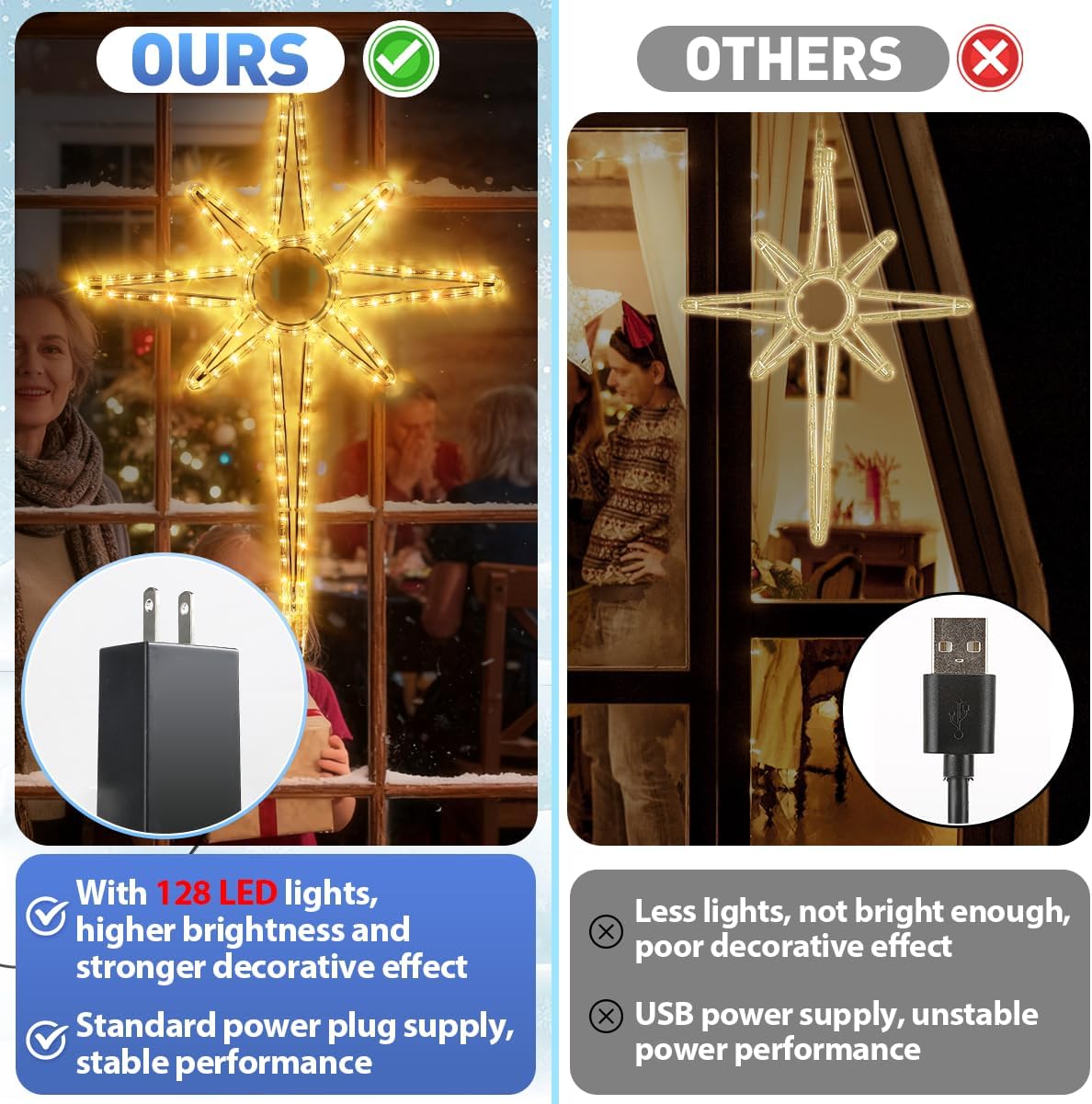 22'' Christmas Bethlehem Star Lights Outdoor Decorations - 128 LEDs Waterproof Window Lights with Timer, Plug in Hanging Xmas Lights for Party Bedroom Wall Decor