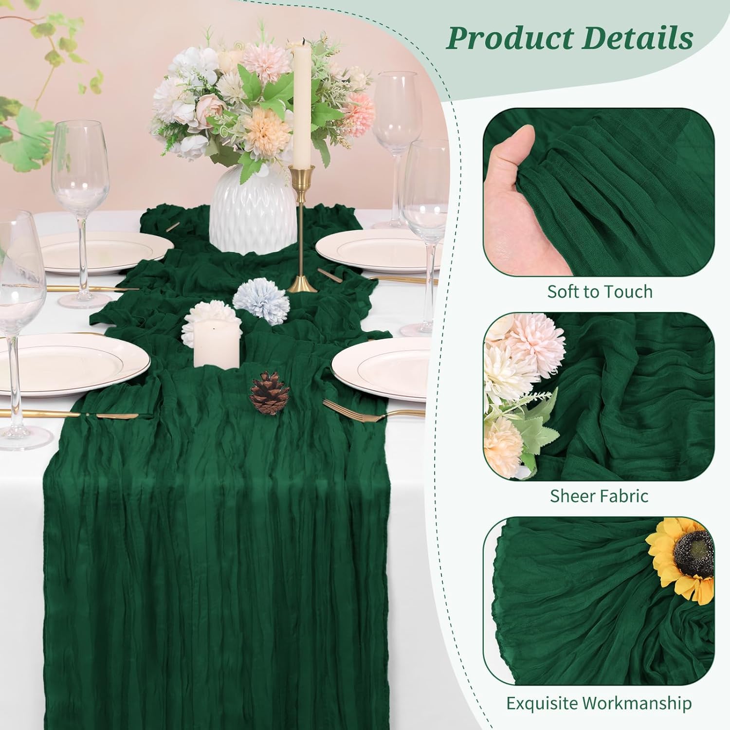 20 Pack Cheesecloth Table Runner Forest Green, Rustic Boho Gauze Fabric Table Runner Romantic Table Runner for Wedding, Festival, Birthday, Anniversary, Dinner and Outdoor Events (17.7 x 108 inch)