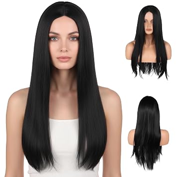 20 in Black Long Straight Wig, Wear and Go Glueless Wig Center Part, High Temperature Synthetic Hair Wig with Natural-Look Flesh-Tone Front, Breathable Innet Net and Elastic Strap Buckle