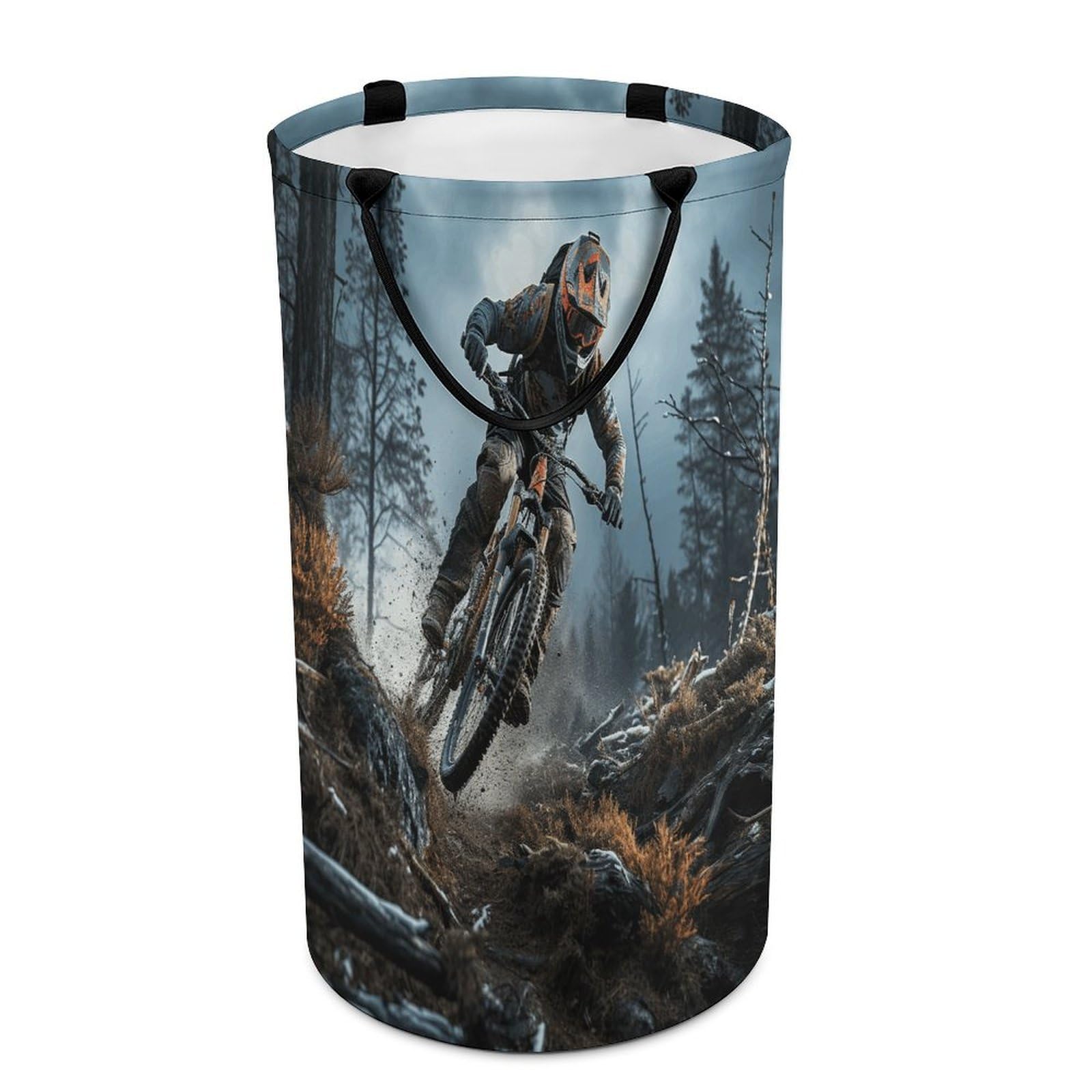 Mountain Bike Tournament Laundry Basket with Handles Large Collapsible Laundry Bag Freestanding Waterproof Clothes Hamper Decor Storage of Dirty Clothe for Family Bathroom 86L