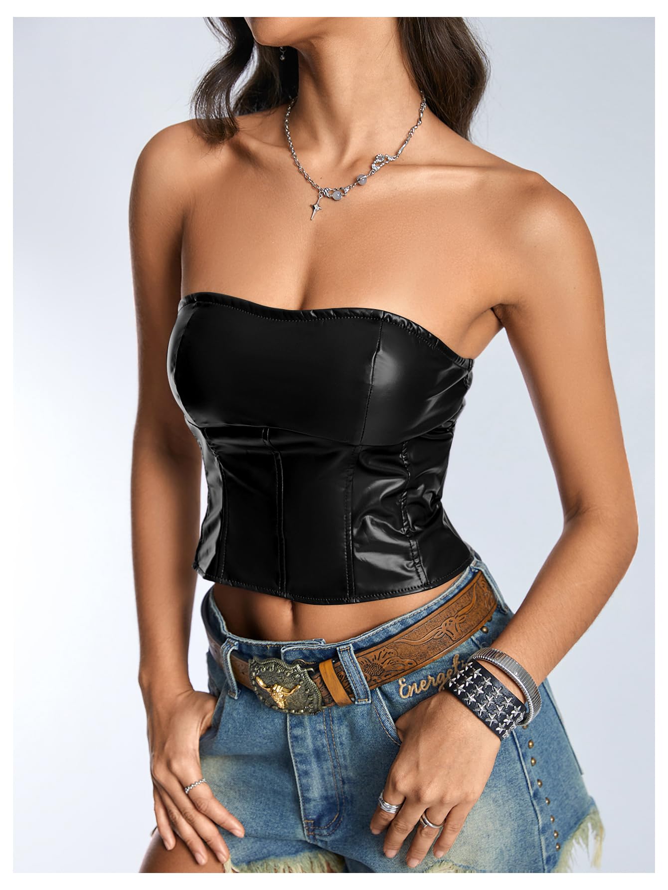 Floerns Top da donna in pelle PU con lacci sul retro Y2k Club senza spalline