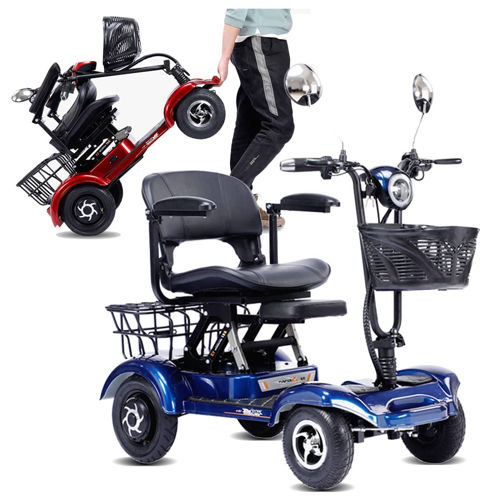 4 Wheel Mobility Scooter, Electric Power Mobile Scooters for Seniors Adult with Lights Collapsible and Compact Duty Travel Scooter, Up to 25 Miles Range, w/Charger and Extended Battery,Bleu