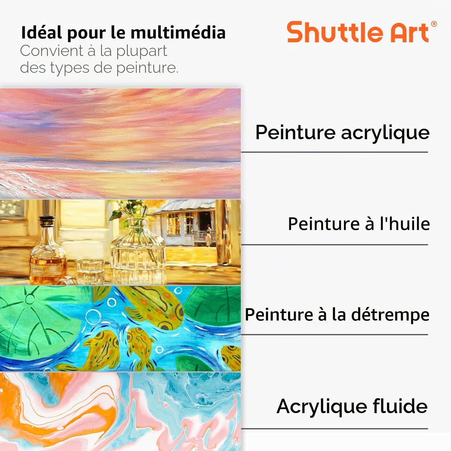 Shuttle Art Lot de 15 toiles tendues, 100 % coton, 12,7 x 17,8 cm, 22,9 x 30,5 cm, 27,9 x 30,5 cm (3 de chaque), 100 % coton, toile blanche apprêtée, toiles d'art pour peinture acrylique, peinture à