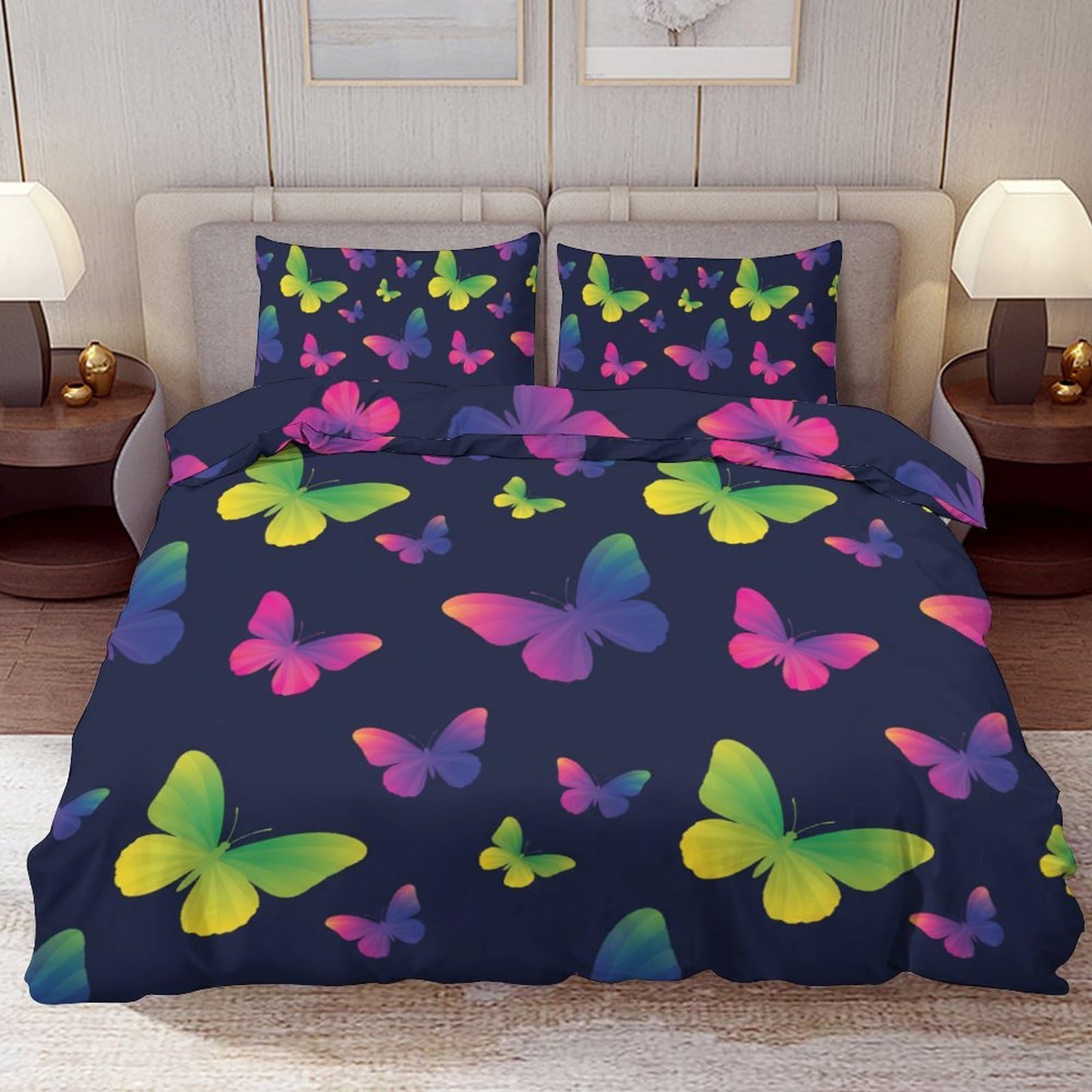 Delerain Comforter Cover Set Queen Size, Vibrant Rainbow Butterfly 3-Piece Bedding Set for Women Men Modern Soft Microfiber Bedroom Set Room Decor, 1 Duvet Cover + 2 Pillowcases