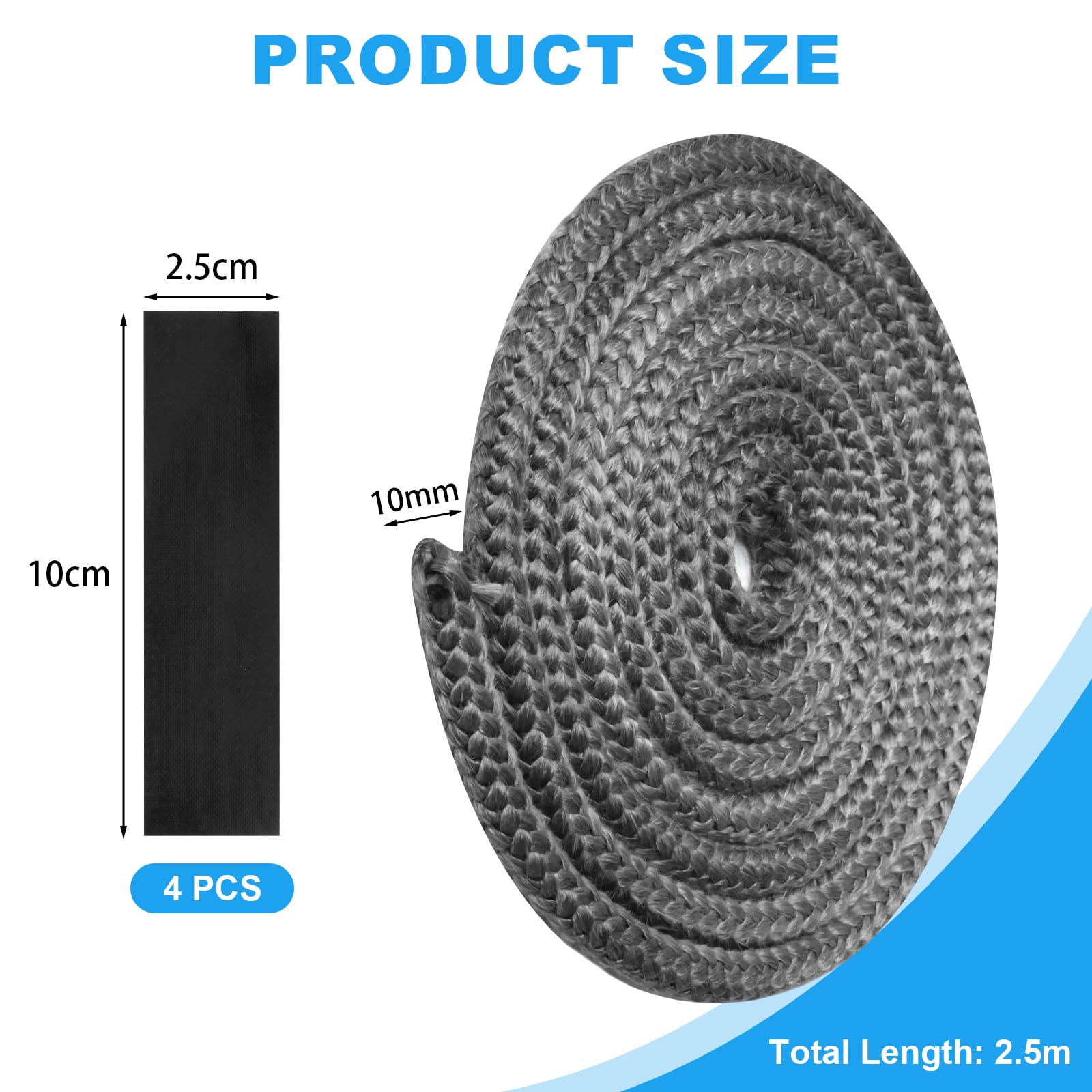 Storystore Stove Rope, 10mmx2.5m Fire Rope Fiberglass Rope Seal Replacement Gasket with 4 Tapes - Image 2