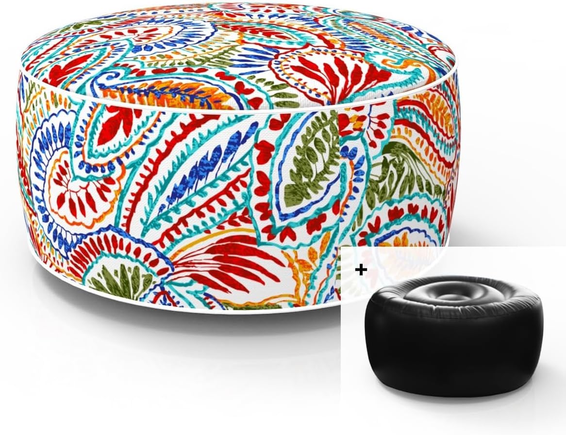 Inflatable Footstool Ottoman Red and Orange Paisley Round 21x9 Inch Patio Foot Stools and Ottomans Portable Footrest