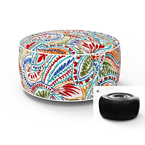 Inflatable Footstool Ottoman Red and Orange Paisley Round 21x9 Inch