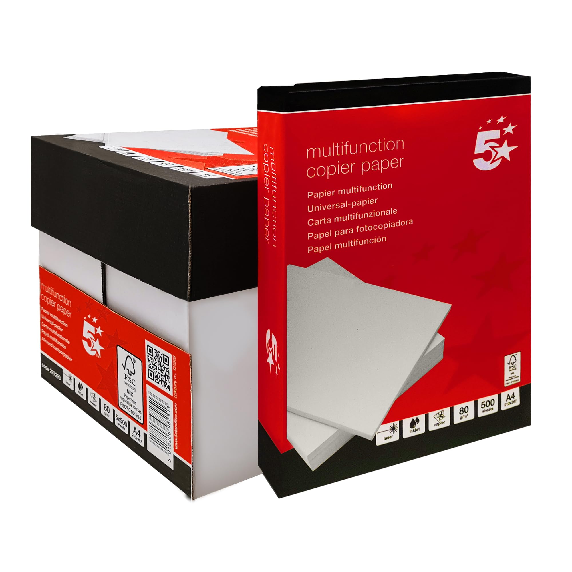 5 Star Office Multifunctional Copier Paper Ream-Wrapped A4 80gsm White (Pack of 5)
