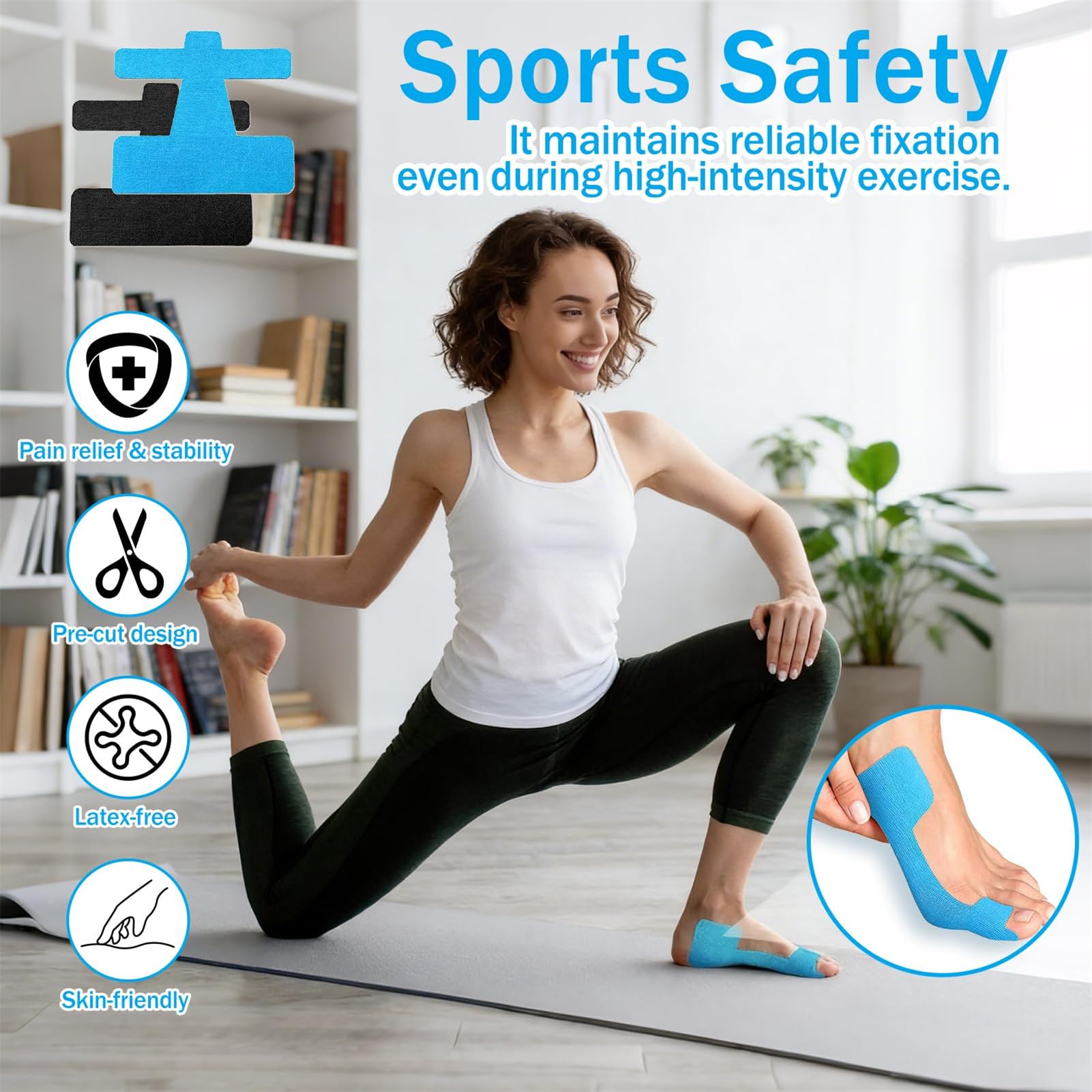 50 Piezas Cinta Kinesiológica para Hallux Valgus, Precortadas Vendaje Precortado para Hallux Valgus, para Dedos y Pies Mujeres y Hombres, Suave, Transpirable y Delicada (Negro y Azul)