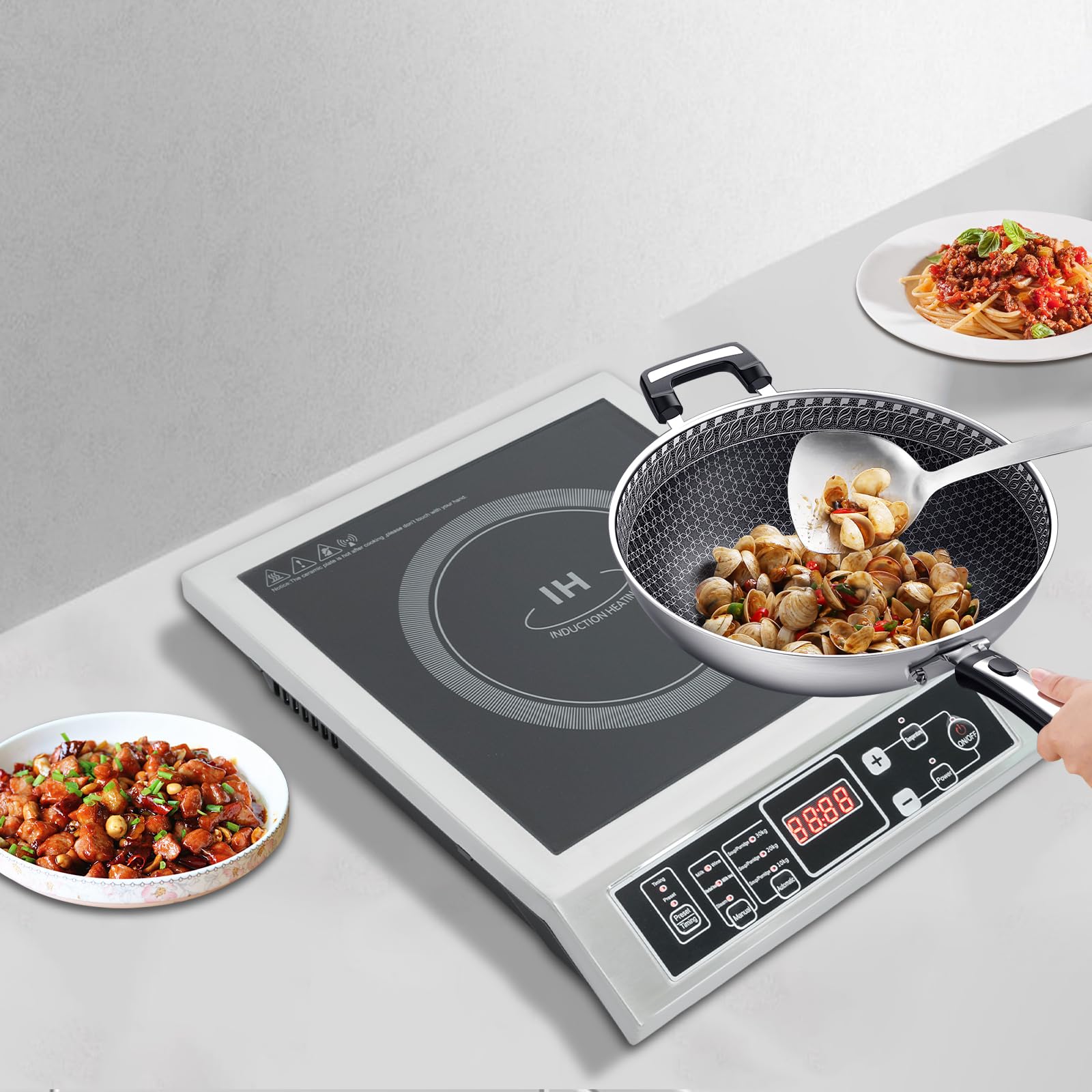 Plaque à induction pour camping, avec minuterie, 3500 W, réglage de la température à 10 niveaux (176-572 °F), 50 kg, grande capacité de charge, boîtier en acier inoxydable