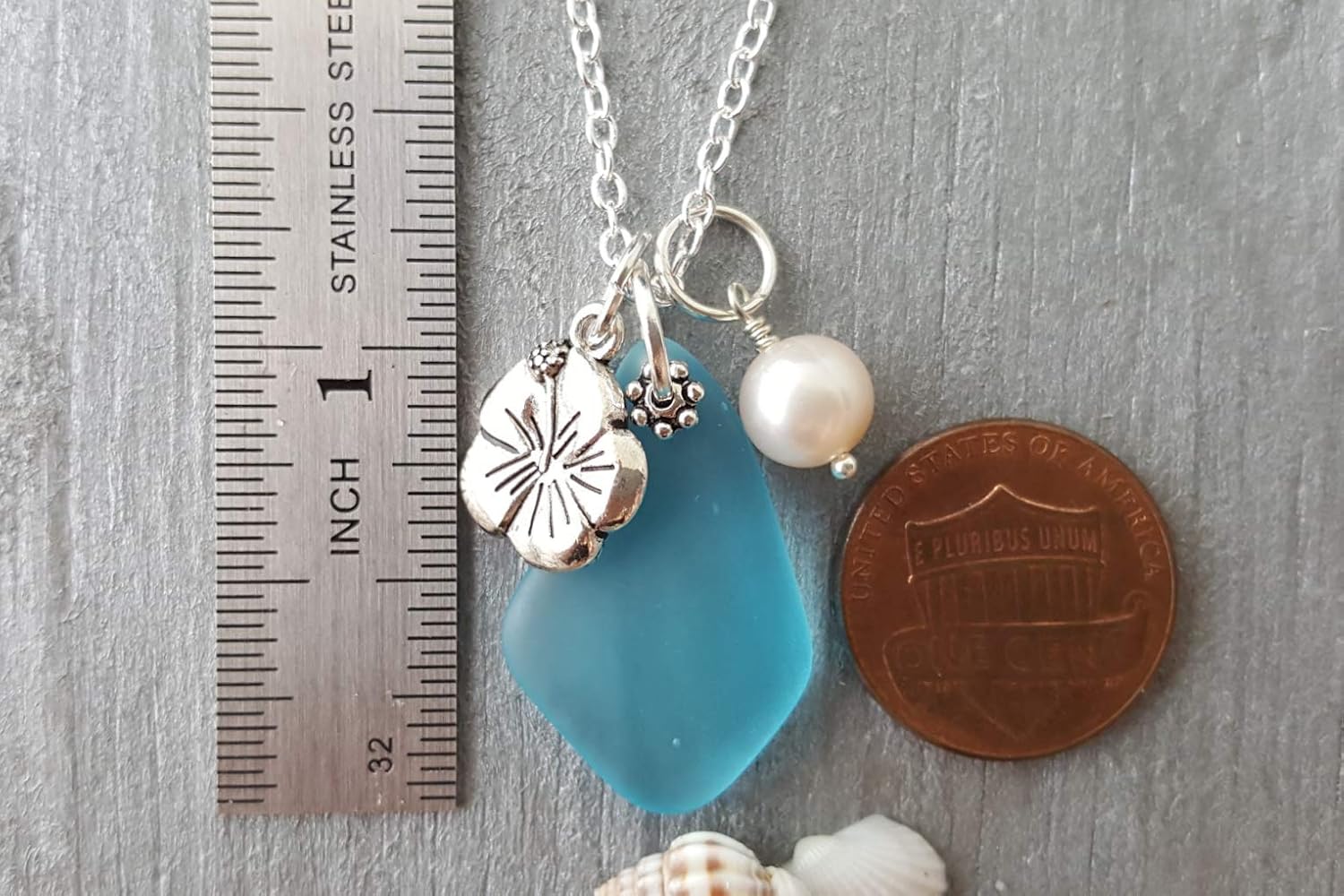 Handmade Turquoise Bay sea glass necklace, December Birthstone, Hibiscus charm, Natural pearl, (Hawaii Gift Wrapped, Customizable Gift Message)