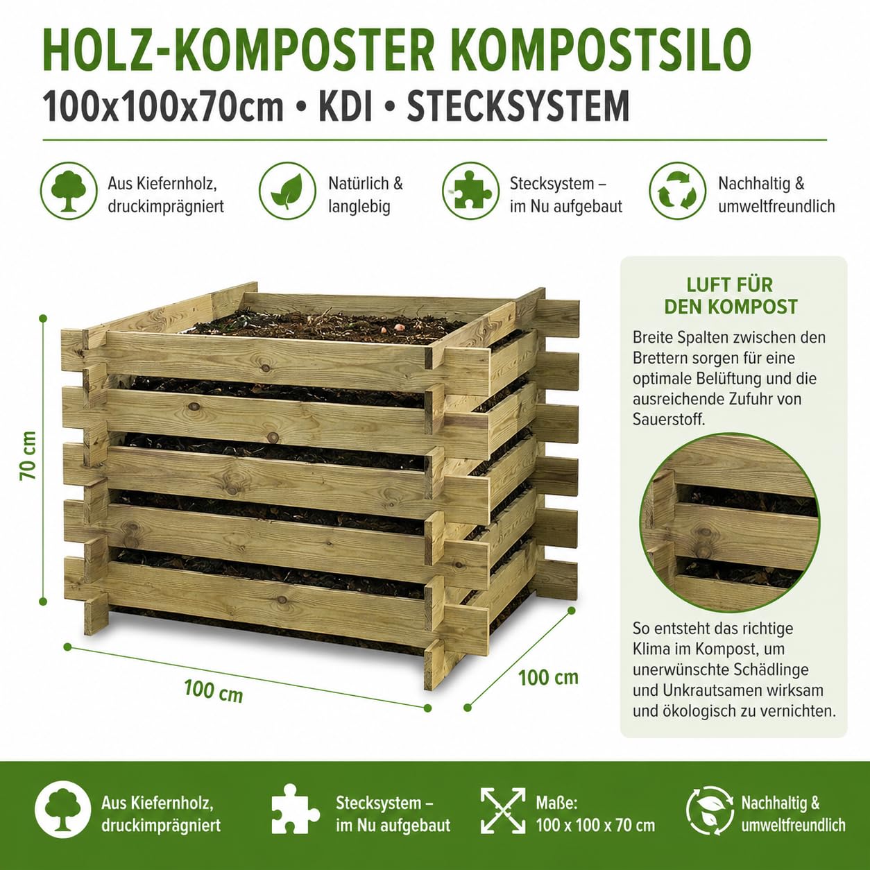 Holz Komposter 100x100x70 cm KDI – Kompostsilo aus druckimprägniertem Kiefernholz – Stecksystem für schnellen Aufbau – Gartenkomposter mit optimaler Belüftung – Kompostbehälter