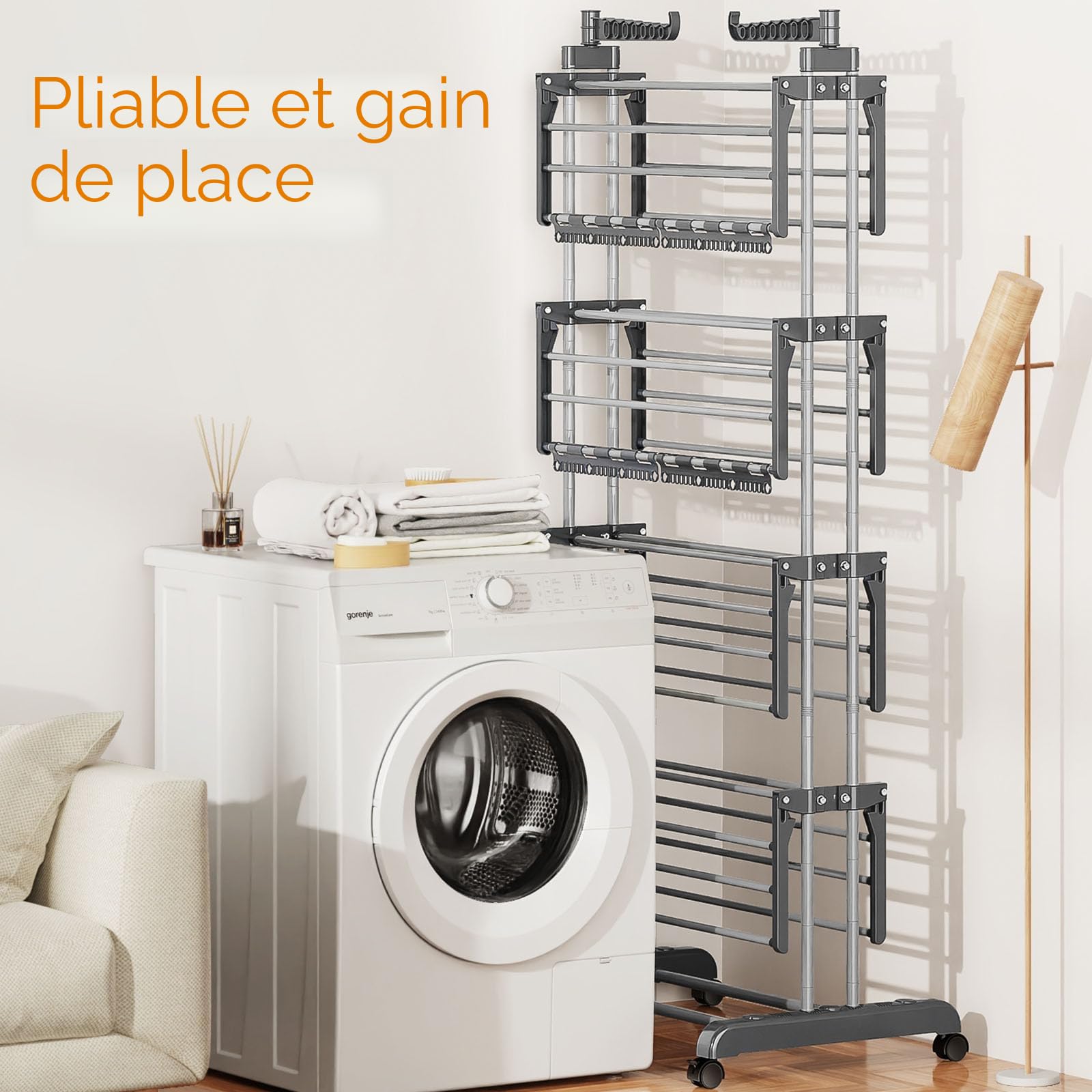 johgee Séchoir à Linge étendoir Pliable 5 Niveaux, Hauteur Réglable Etendoir Linge, avec 8 Ailes Pliables et 4 Pinces à Chaussettes, en Acier Inoxydable, pour l'intérieur et l'extérieur