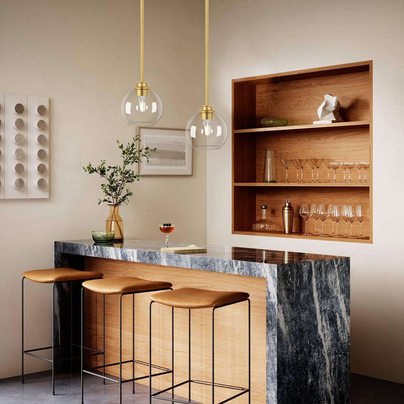 Gold Pendant Light Fixtures 2 Pack, Globe Pendant Lights with Clear Glass Shade,Pendant Lights Kitchen Island, Kitchen Pendant Lighting Over Island, Hanging Lights for Kitchen Island