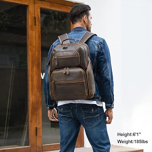 Miniatura 6 de TIDING Mochila de cuero para laptop de 15.6 pulgadas para hombre, con múltiples bolsillos, mochila de viaje para negocios durante la noche con