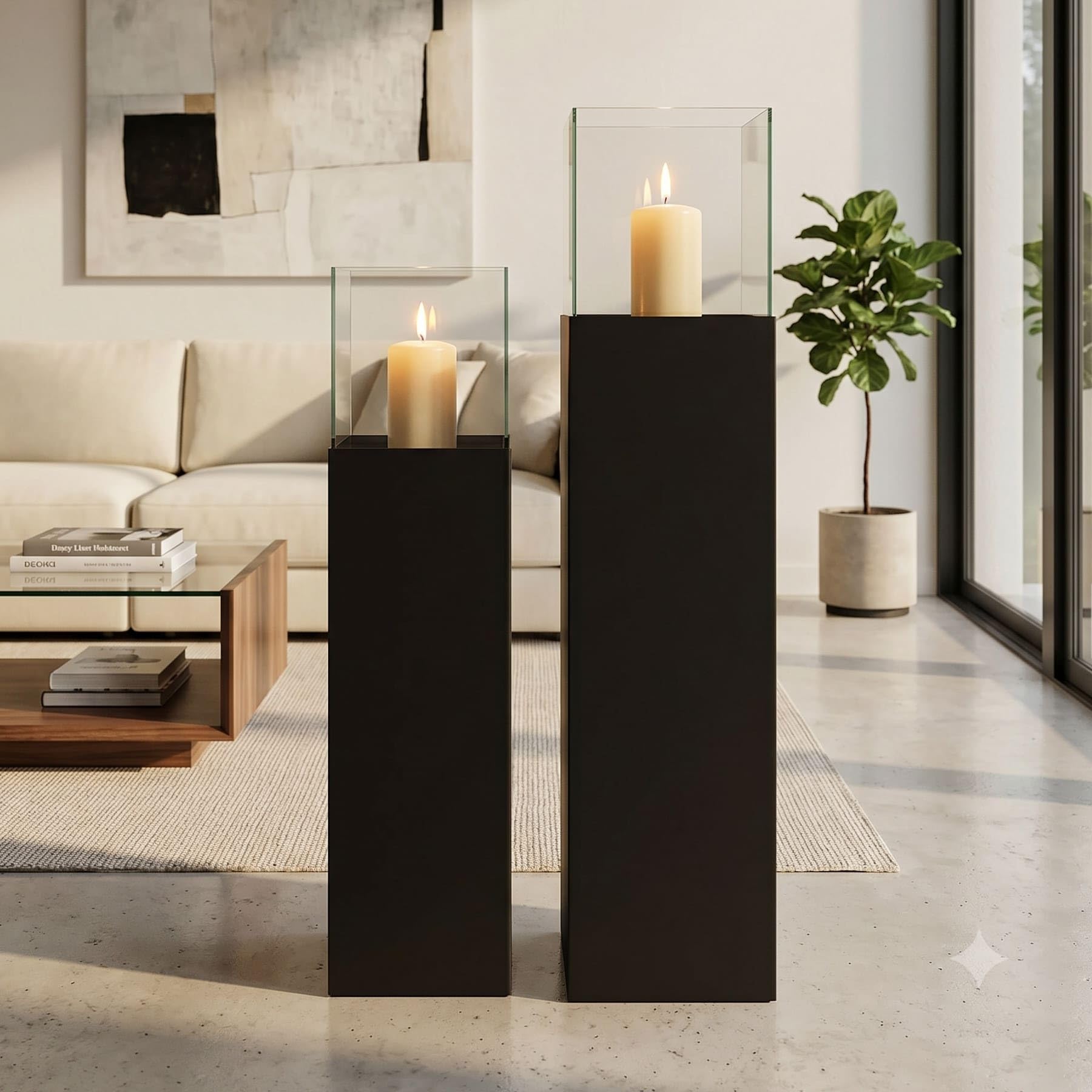2X Windlichtsäule Black aus Metall, schwarz, Kerzenständer, Dekosäule | Kerzenhalter 75 + 90 cm hoch für Wohnzimmer, Boden-Laterne mit Kerzenglas