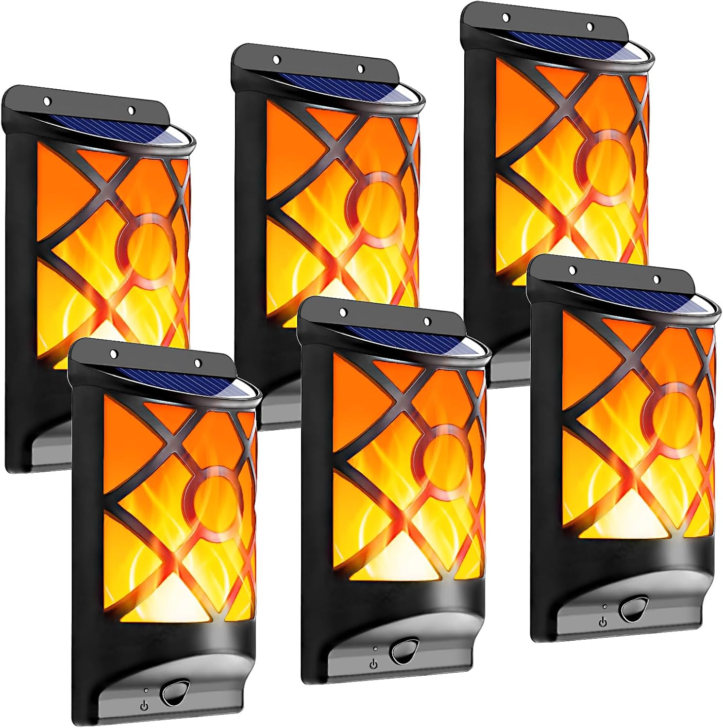 6 Pack Solar Flame Lights Outdoor - Realistic 3D Flickering Flames Wall Lantern with 66 Ultra-Bright LEDs - Waterproof Auto On/Off Fire Effect Garden Decor Lighting for Fence, Patio