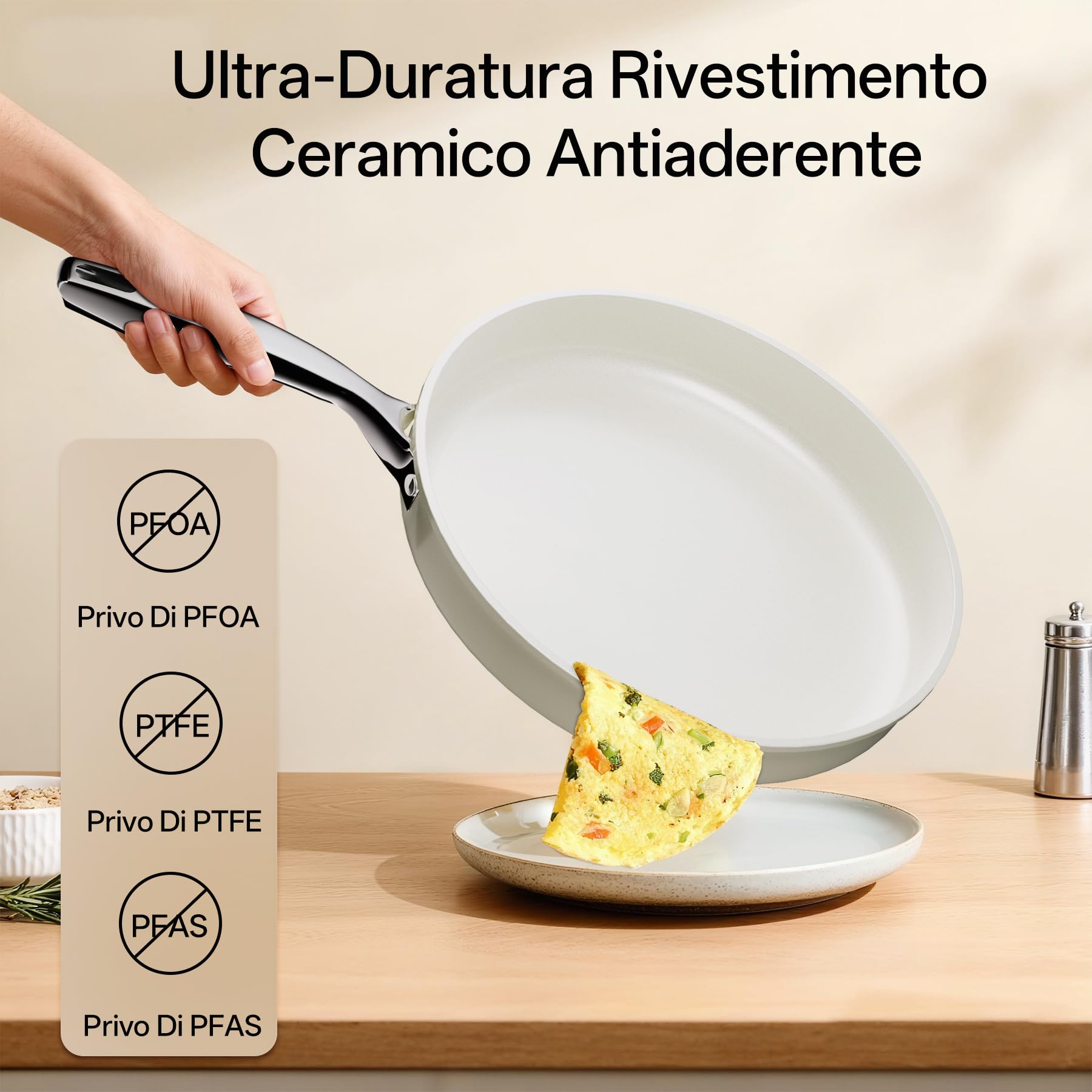 Padella Antiaderente Ceramica 20/24/28 cm, Set Padelle Antiaderenti Induzione, Lavabile in Lavastoviglie, Senza PFOA e PTFE, Adatte Per Forno, Beige