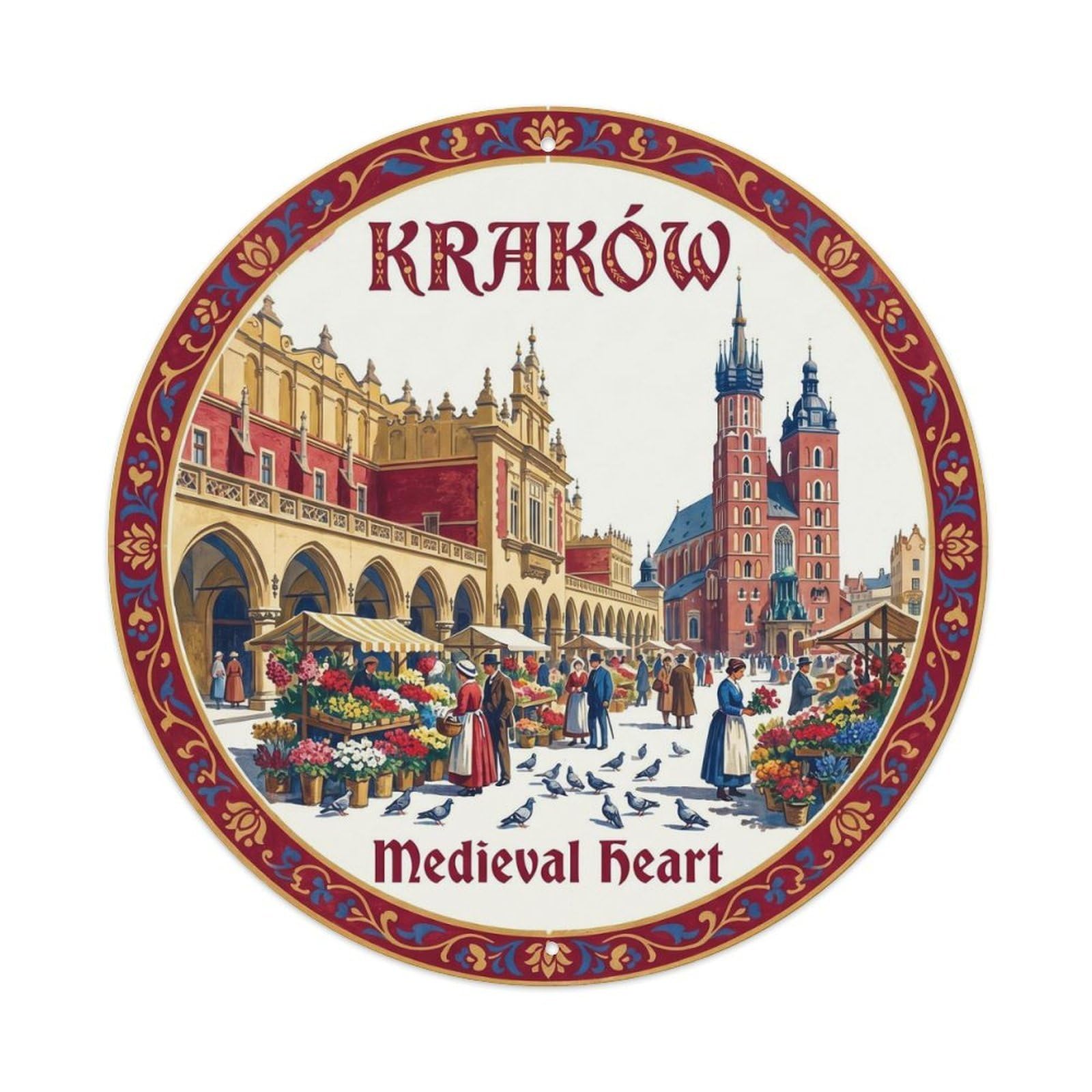 Krakow Square Poland Classic Cityscape Medieval City Heritage Metal Tin Sign Plaque Wall Decor for Cafe, Man Cave, Club Bar, Office, Home Garden Round Metal Poster 8x8Inch