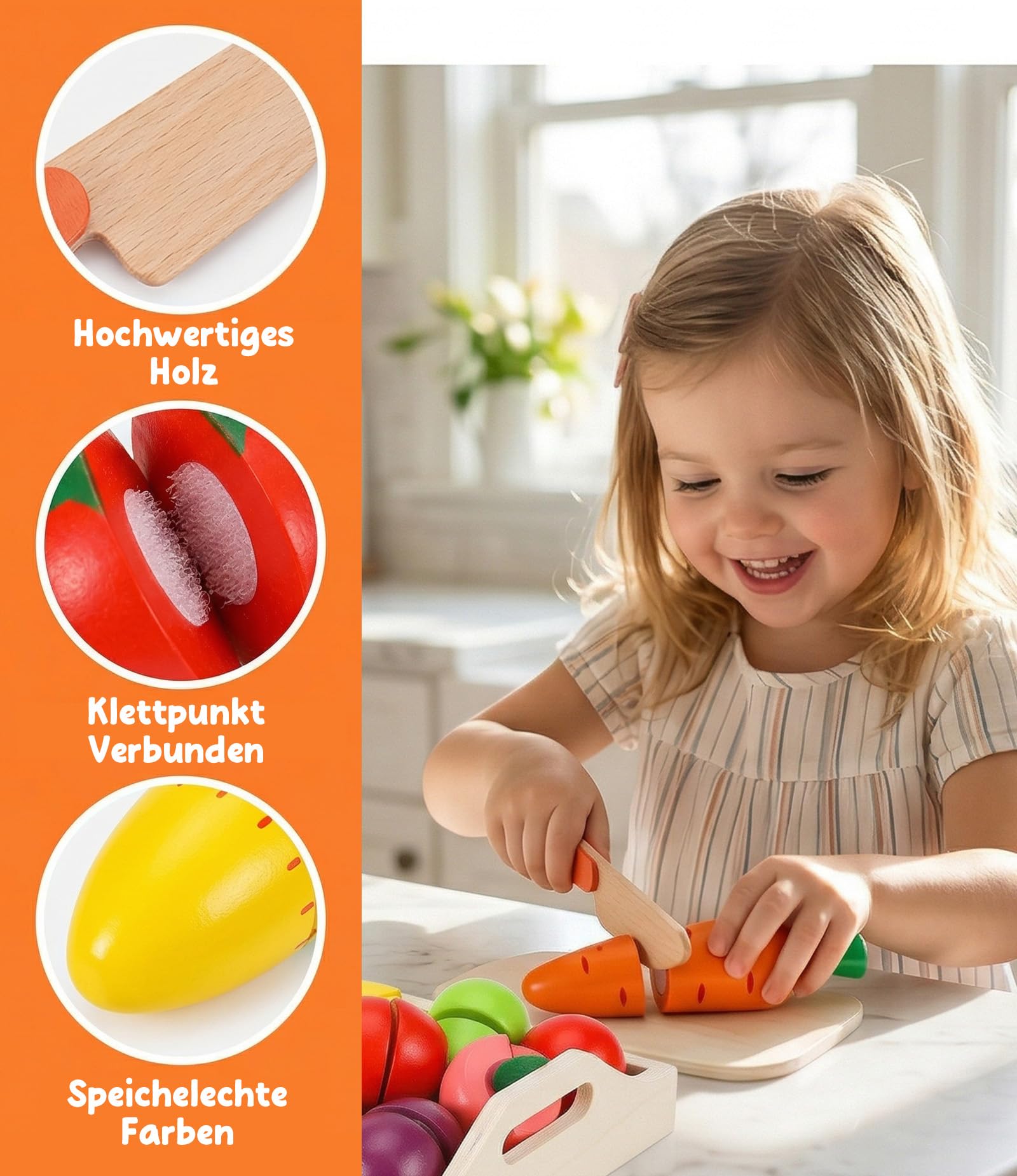 KidMigo Kinderküche Zubehör, Kinderküche Holz, 19 Artikel, 35 Stück Schneidespielzeug mit Serviertablett, Küchenspielzeug mit Leinwand-Aufbewahrungstasche, Holzspielzeug 2 Jahre