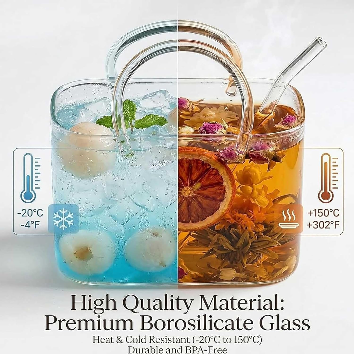 Purse Drinking Glass, Glass Purse for Drinks, 26oz Unique Wine Glasses with Straw, Decorative Fish Bowl Vase, Creative Bag Shape Cup for Cocktails, Juice Or Iced Tea, Floral Arrangement (3pc)