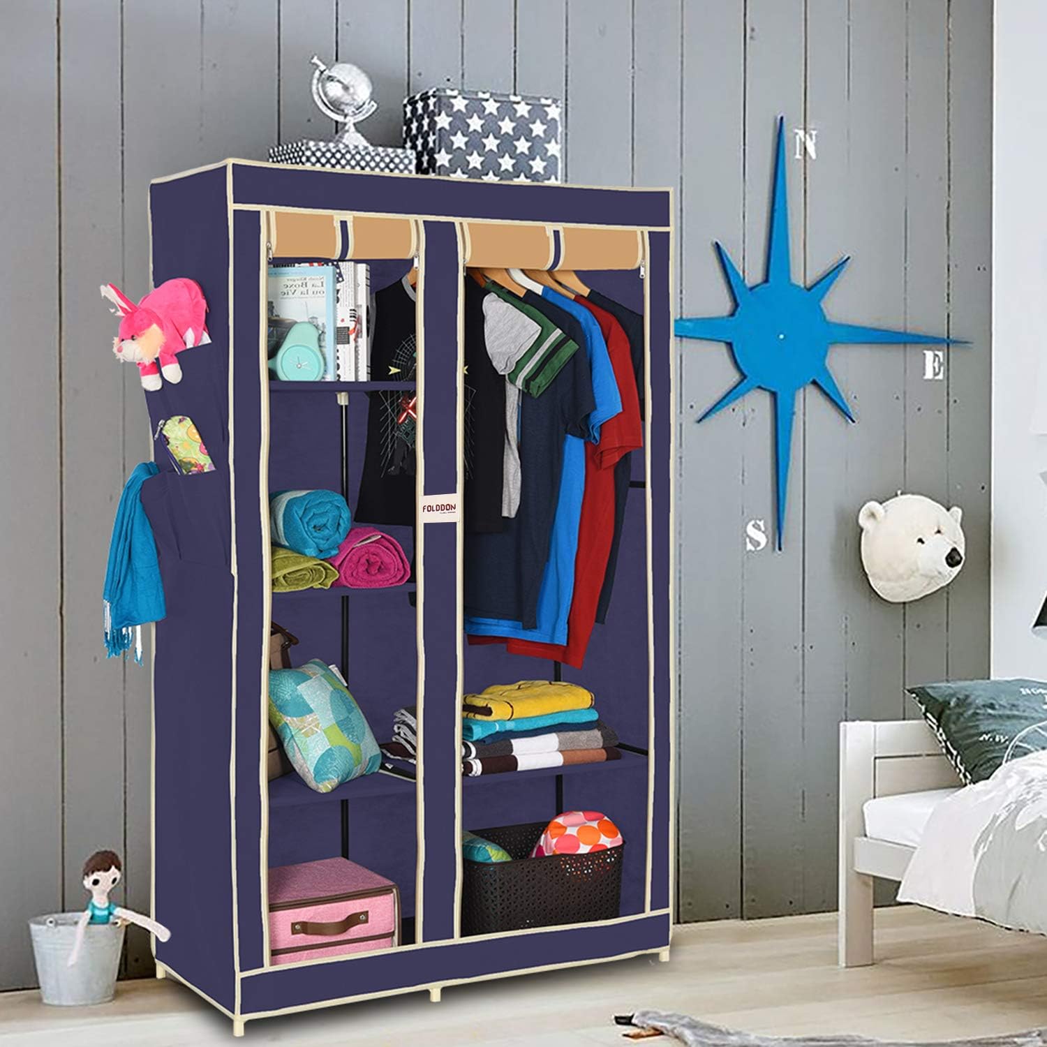 FOLDDON 260 Dual Color Foldable Wardrobe 2 Door / 6 Shelves / 1 Hanger (Navy Blue & Beige)