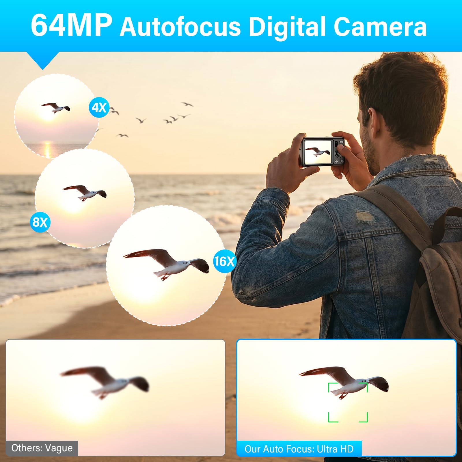 Cámara de Fotos 64MP 4K Cámara Digital Compacta con Zoom 16X 2,8" LCD Compacta Portátil Cámara con Tarjeta 32GB para Niños Principiantes Adulto (Negro)