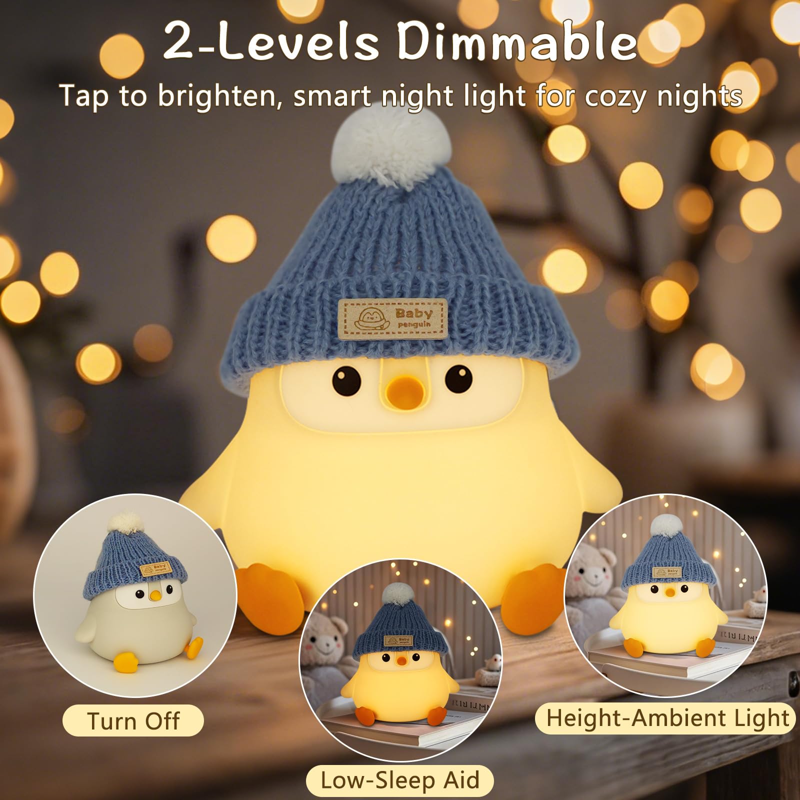 FAMIDUO Penguin Lamp with Knit Hat,Kawaii Penguin Night Light,Food Grade Silicone,Dimmable Nursery Nightlight,LED Squishy Novelty Animal Lamp,Kids Room Decor,Funny Gifts for Kids Boys Girls Baby