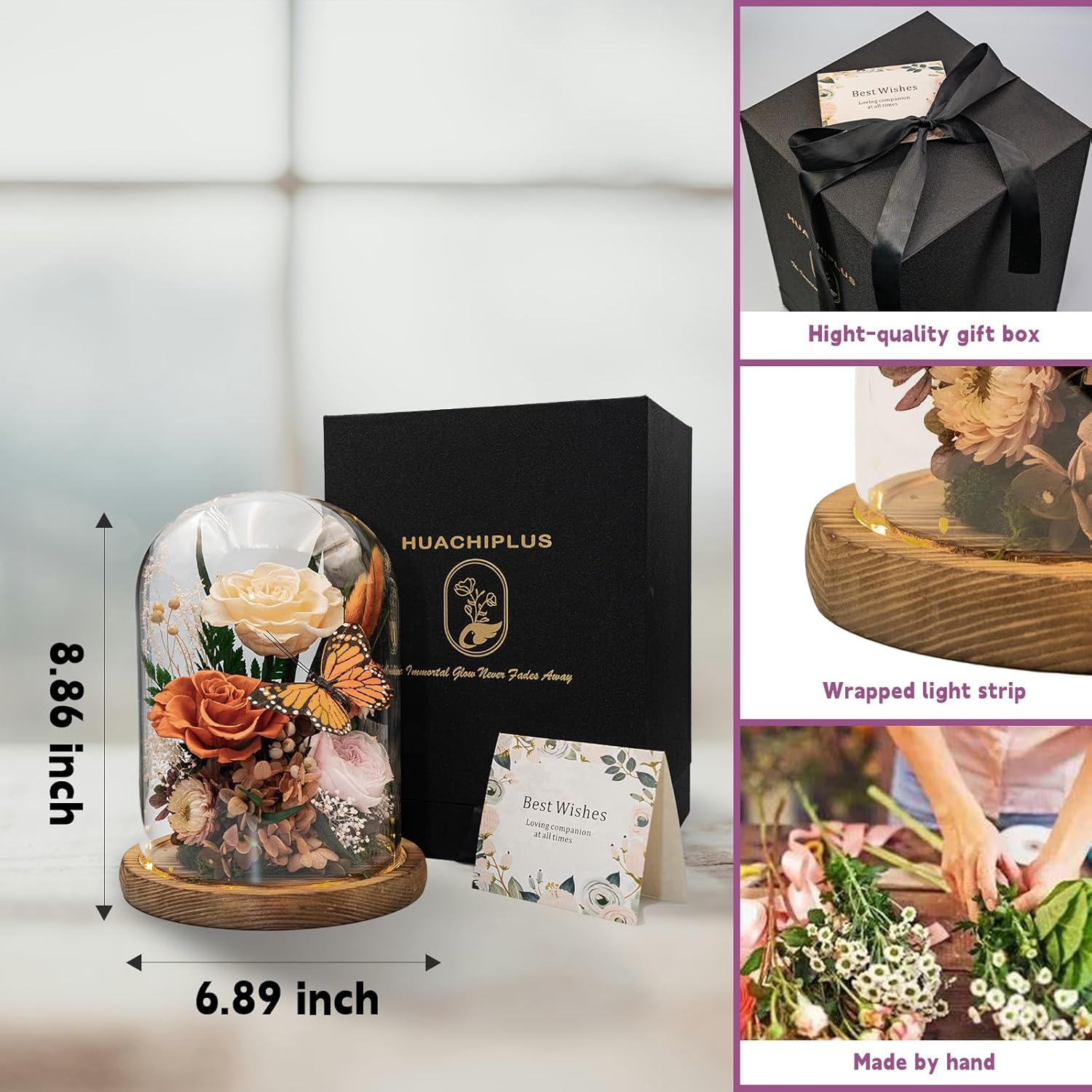 Eternal Flower with Butterfly: Big Flowers Big Love-Elegant Flower in Glass Dome-Thanksgiving, Christmas, Mom Gifts for Her-Flowers for Delivery Prime-Floral Arrangements (Orange) - Image 4