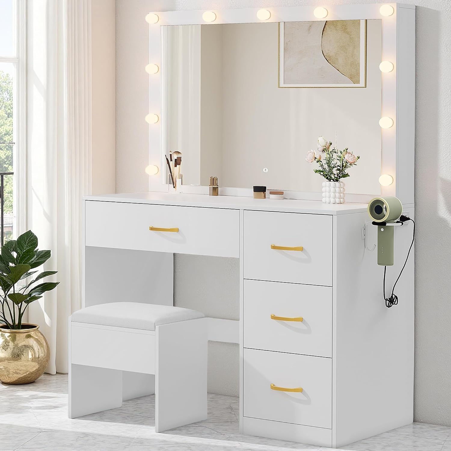 DWVO LED Makeup Vanity Table with 3 Light Modes, 4 Storage Drawers, Built-in Power Outlets & Hairdryer Holder, Dressing Table with Cushioned Stool Cool White Bulbs