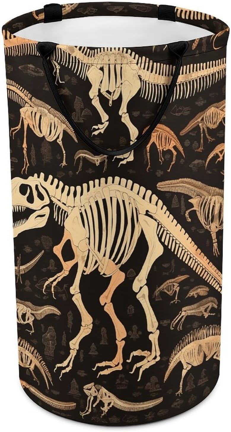 Dinosaur Skeleton Print Laundry Hamper with Handles Waterproof Collapsible Laundry Basket Large Lightweight Round Dirty Clothes Hamper for Home Dorm Bathroom Decor