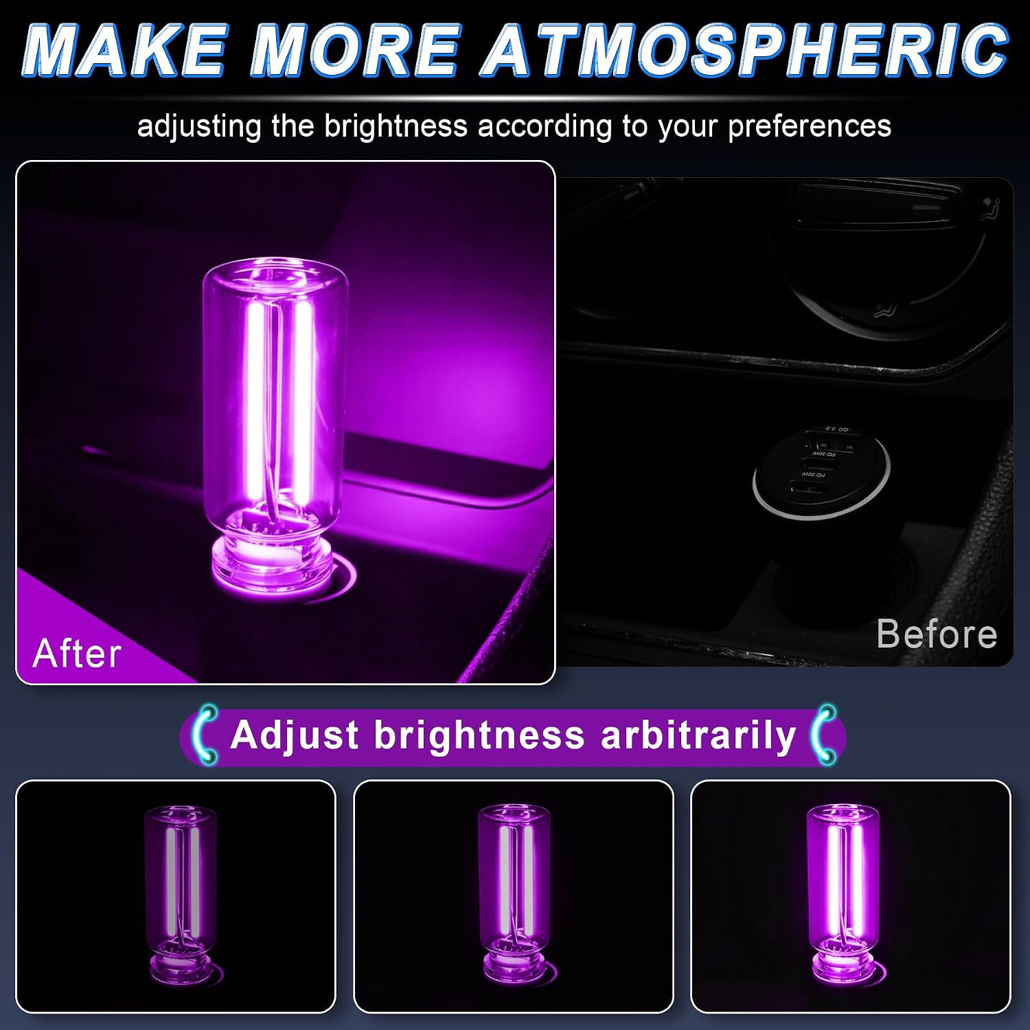 iFunyLED Car Interior USB LED Night Light, Portable Touch dimmable Car Ambient Lighting Kit, Retro Mini Transparent Glass Bottle Lamp Decorations for Vehicle Camping Bedroom Hallway, Pack of 2(Purple) image 2