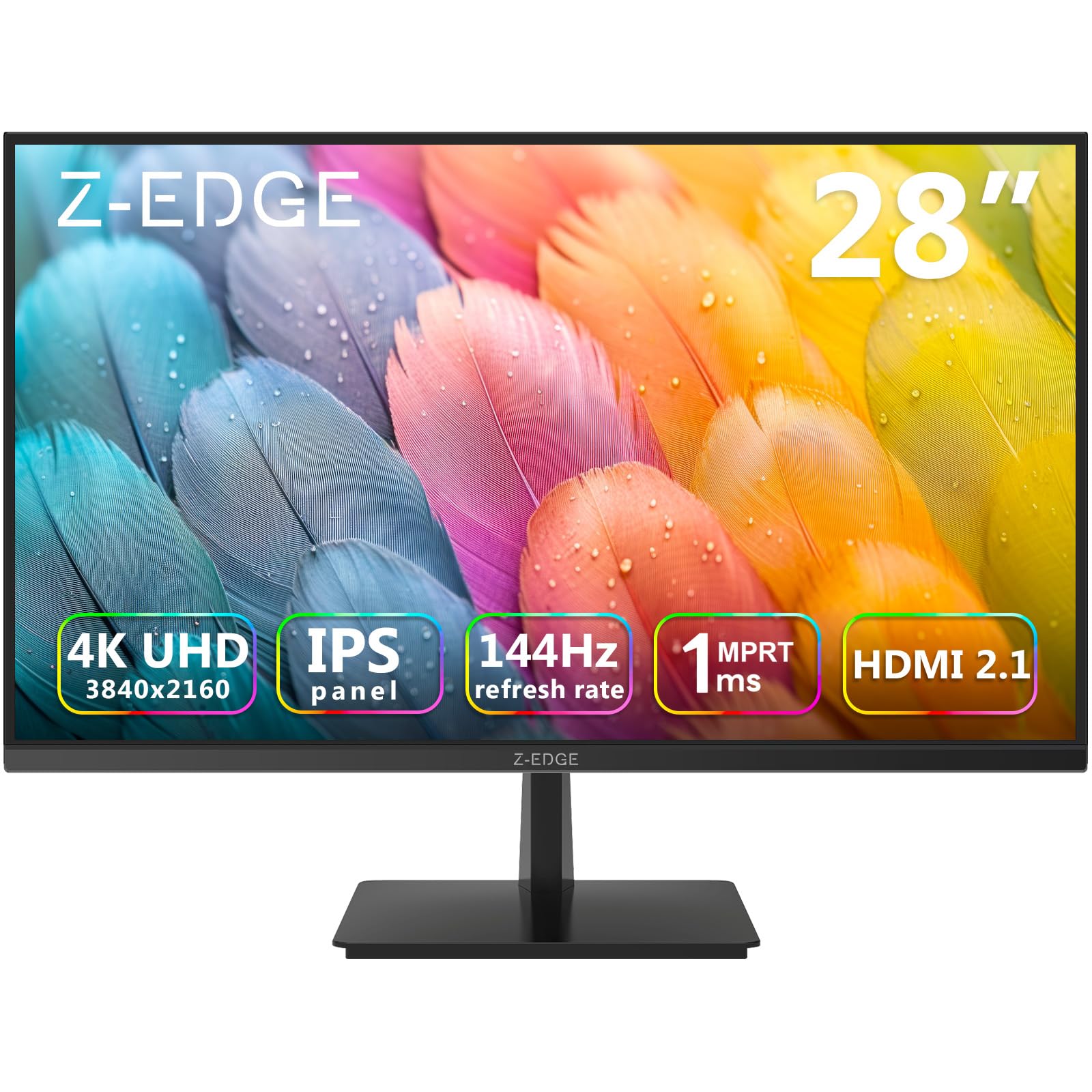 Z-Edge 28 Zoll 4K 144Hz Gaming Monitor UHD IPS 3840x2160 1ms HDMI 2.1 120Hz | PC Bildschirm 16:9, 300cd/m² Helligkeit, FreeSync, HDR10, DP1.4 HDMI2.1, VESA Kompatibel, Schwarz