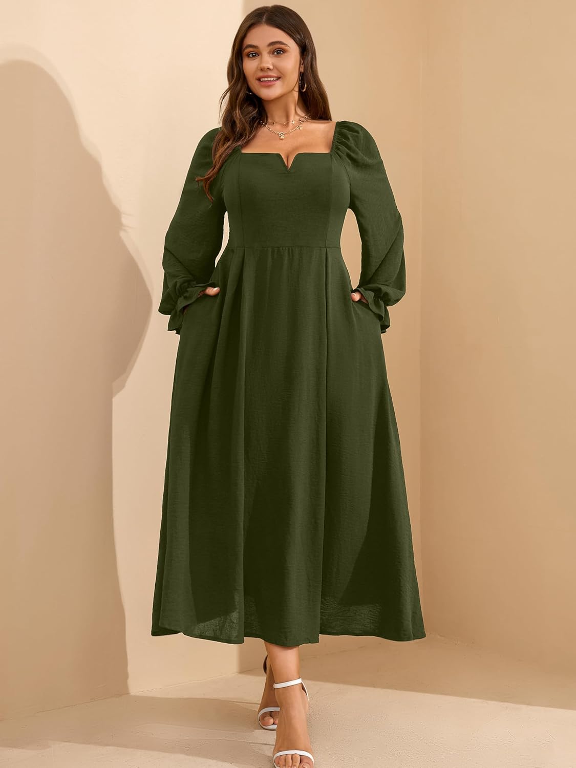 RWJ Long Sleeve Dress for Women 2025 Fall V Neck Elegant Flowy Plus Size Formal Wedding Guest Maxi Dresses with Pockets - Image 5