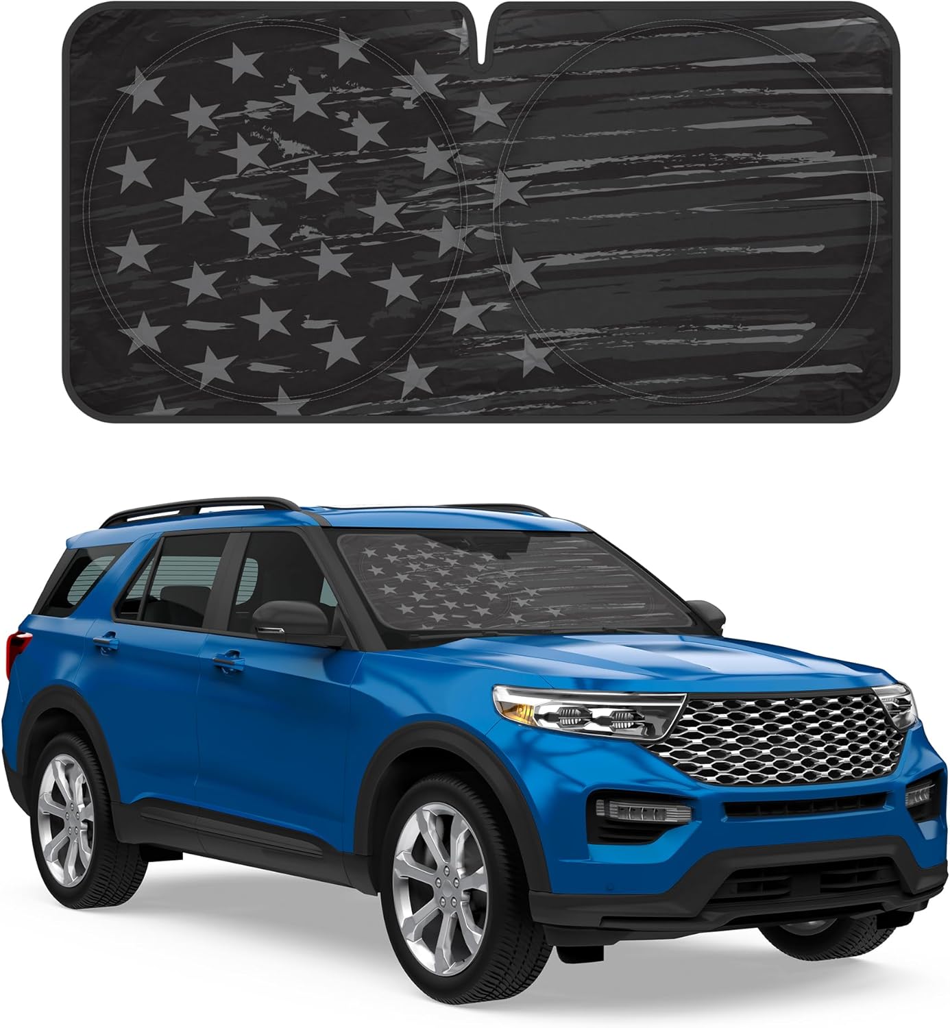 Motor Trend USA Americana Flag Car Windshield Sun Shade for Front Window, Foldable Car Sun Shade with Patriotic Graphic, Collapsible Sun Visor Sunshade for Cars Windshield (Medium 65" x 33")