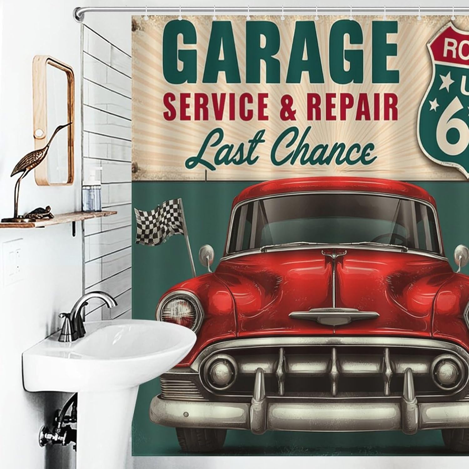 Route 66 Road Shower Curtain, Retro Vintage Garage Man Classic Car Rustic Country Waterproof Fabric Bathroom Boys Men Teen Shower Curtain Set with Hooks, 72"x72" image 3